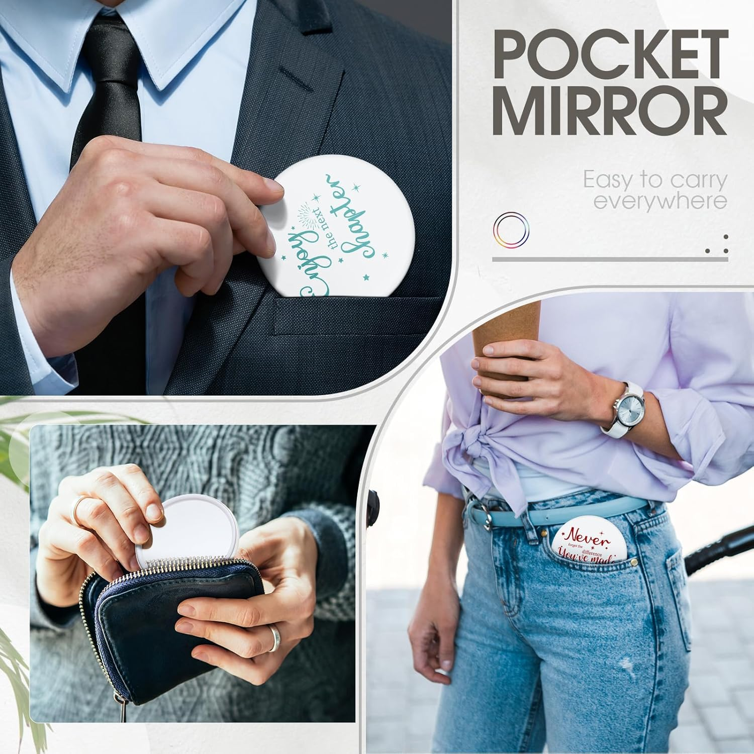 Kigley 48 Pcs Inspirational Compact Mirror for Women Bulk Housekeeping Week Gifts round 2.8'' Pocket Purse Mirror Appreciation Gift Team Employee Volunteer Corporate Coworker Squad (White Base)