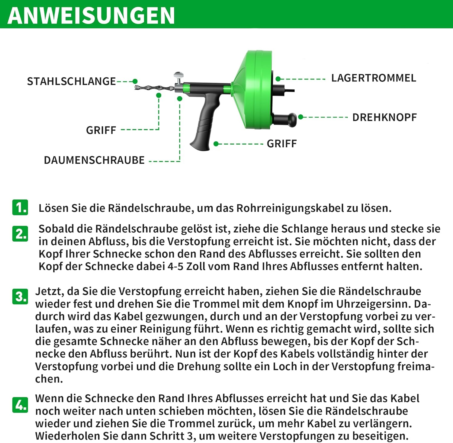BACOENG Pipe Cleaning Spiral [15 M], Drain Cleaner Spiral for Pipe Cleaning, Drain Cleaning with Drain Spiral to Remove Hair and Blockage, Green image number 1