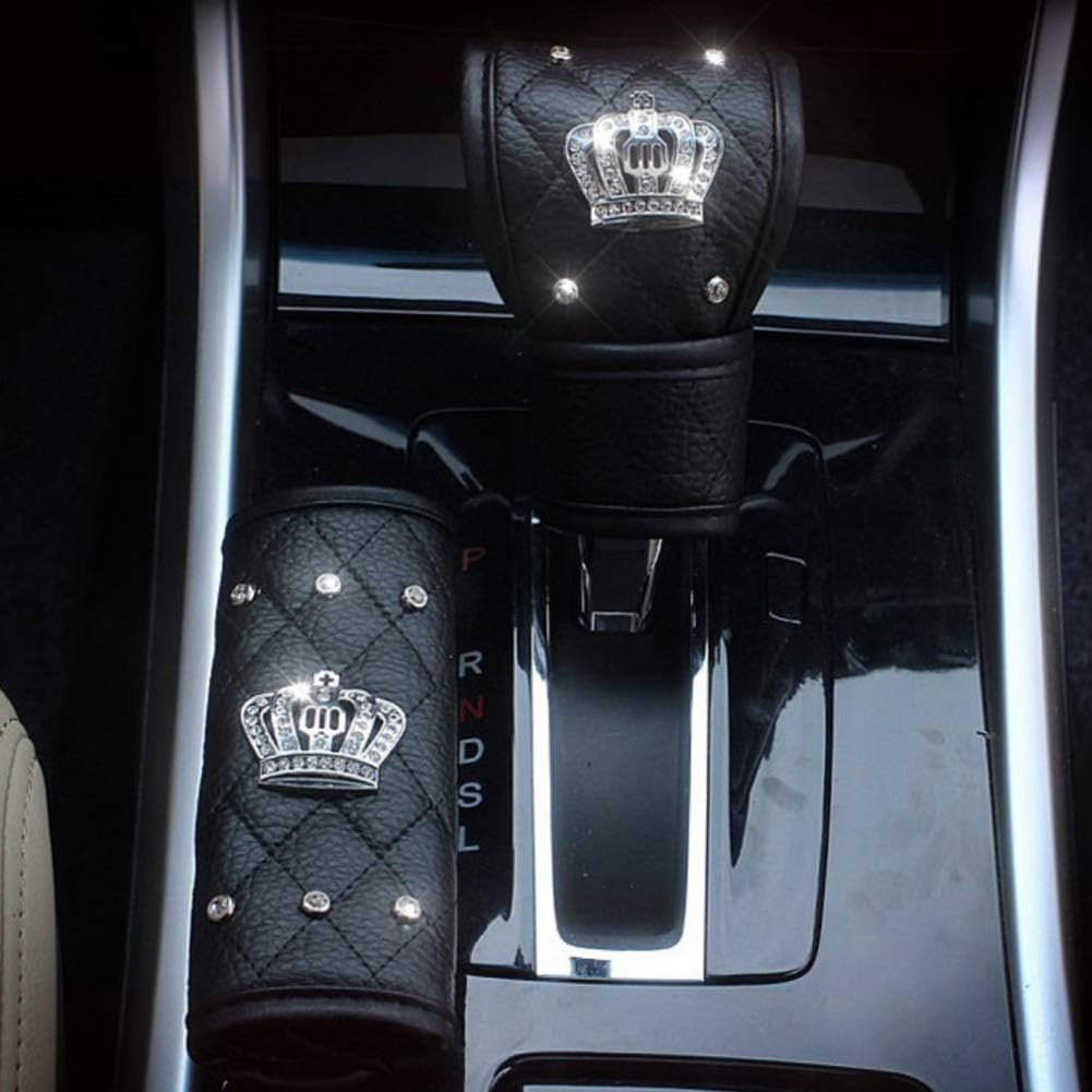 Leather Car Seat Belt Cover Shoulder Seatbelt Pad Handbrake Cover Gear Shift Cover with Bling Rhinestones Crown Car Accessories(4 Pcs) image number 3