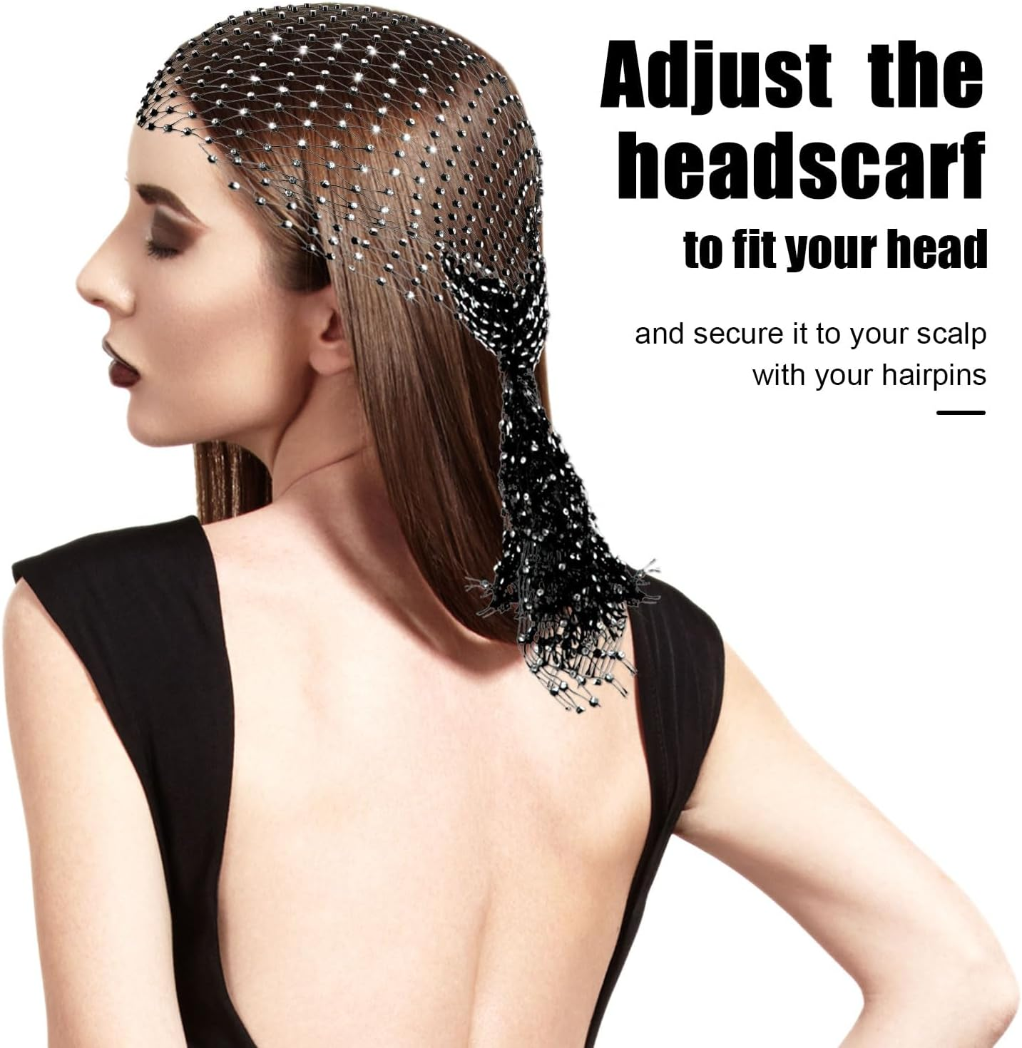 NQEUEPN Rhinestone Head Scarf, Black Glitter Crystal Mesh Headband Elastic Wide Head Wraps Diamond Sparkly Headpiece Party Nightclub Costume Hair Accessories for Women Girls