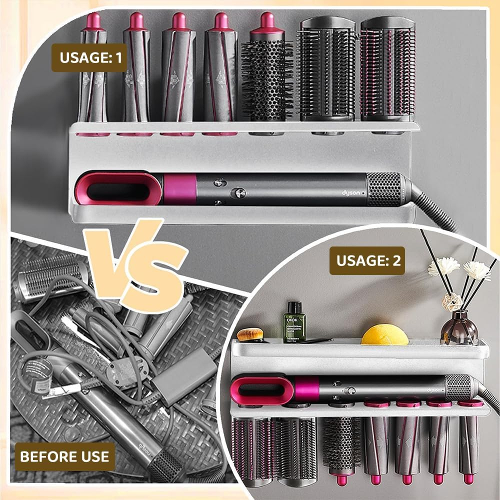 Wall Mounted Holder Compatible with &ndash; Space Aluminum 2-Tier Storage Rack for Curling Iron, Hair Dryer & Attachments &ndash; Bathroom Organizer Shelf image number 4