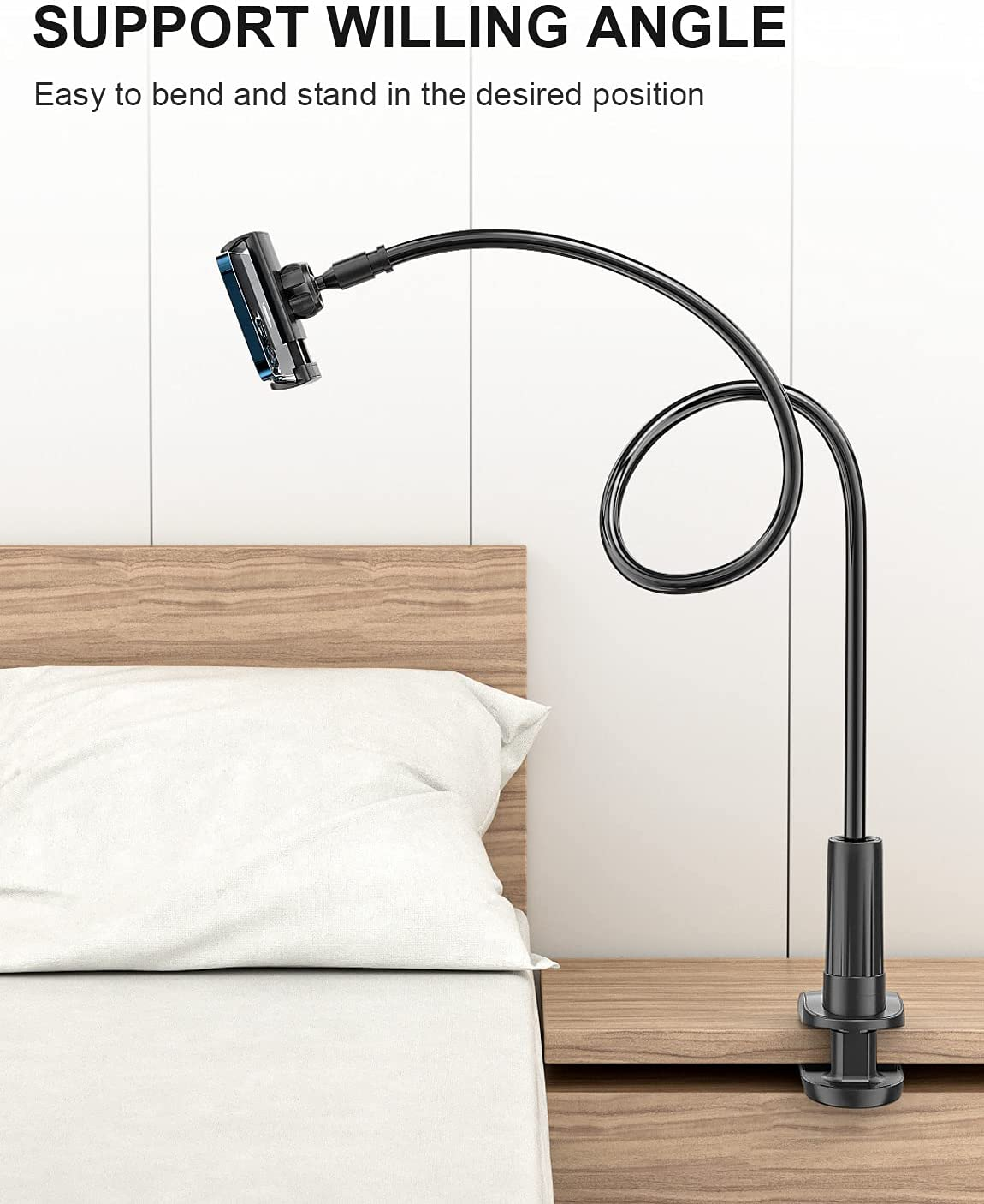 Phone Holder Bed Gooseneck Mount - FUKIFA Cell Phone Clamp Clip for Desk, Flexible Lazy Long Arm Headboard Bedside, Overhead Mobile Stand, Compatible with Iphone 15 14 Pro Max 13 12 Mini 11 8 Plus image number 4