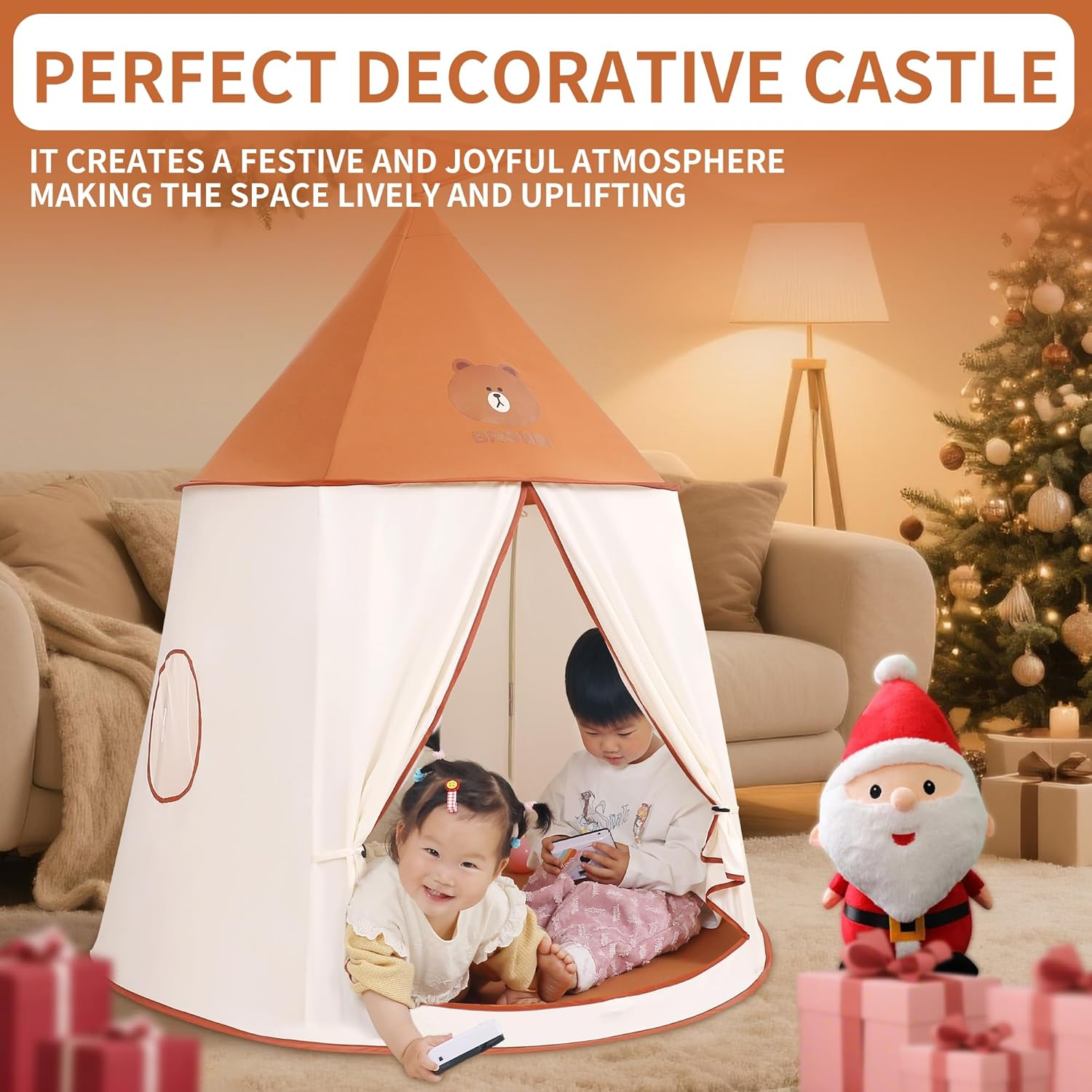 Kids Play Tent Pop-Up Indian Tent Tipi Baby Princess Prince Castle Play Tent Baby Garden Toys Indoor Outdoor Large Children Portable Playhouse Toddler Toys Christmas & Birthday Gift (Brown Bear) image number 4