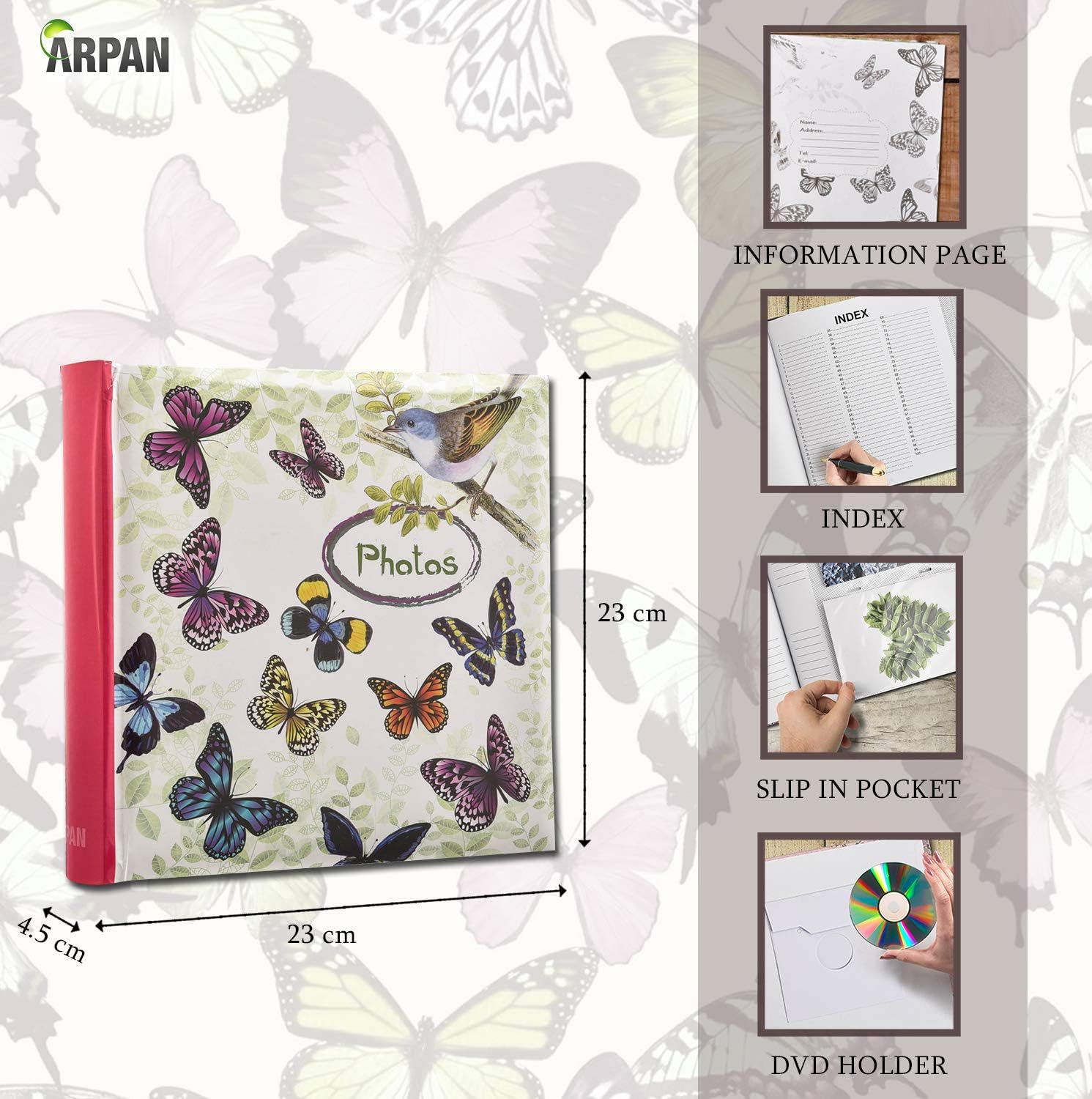 ARPAN Photo Slip in Case Memo Album for 200 of 4 X 6'' Pictures Bird, Vintage Butterfly, image number 3