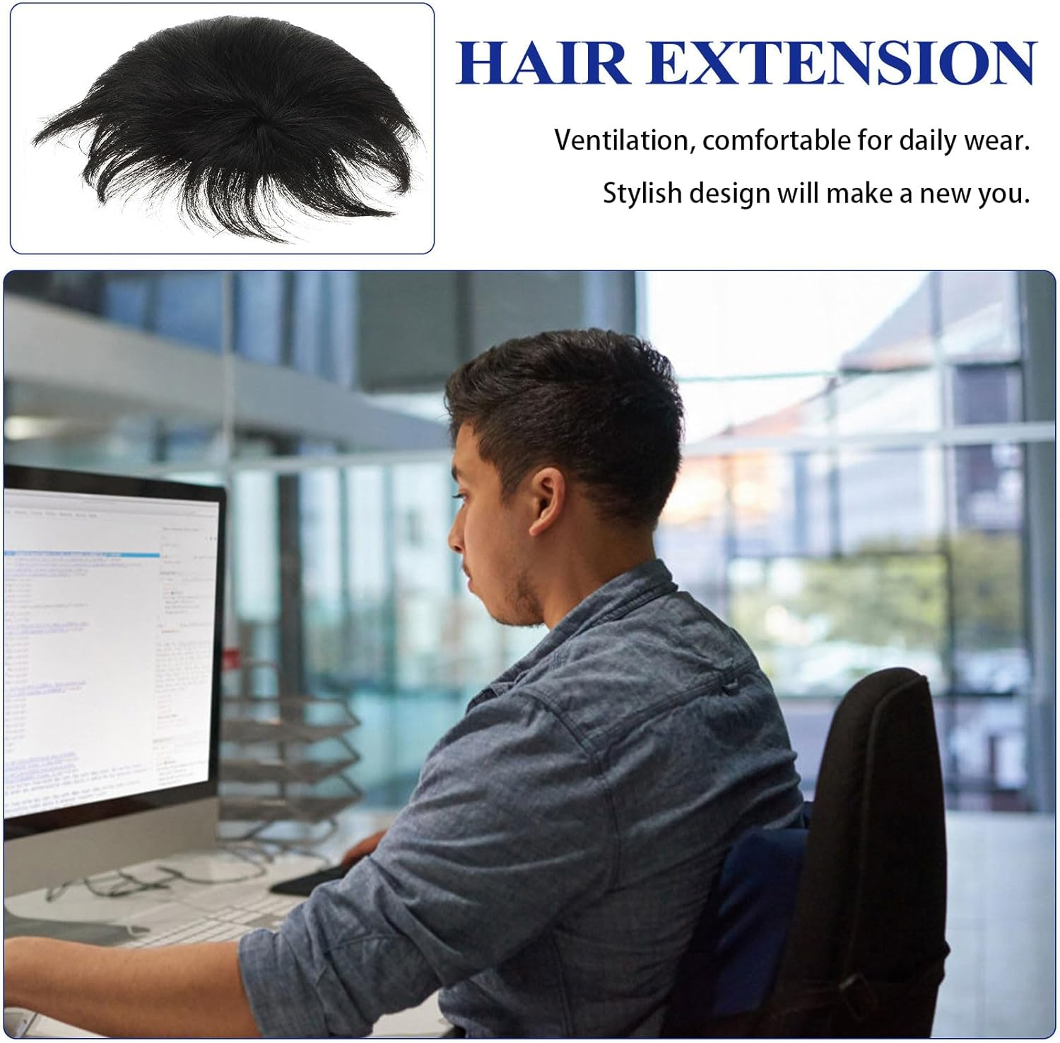 PRETYZOOM Natural Black Male Toupee Hairpiece with Clip Realistic Breathable Hair Replacement for Men Secure Fit for Sports Swimming Parties Weddings Stylish Hair Patch image number 3