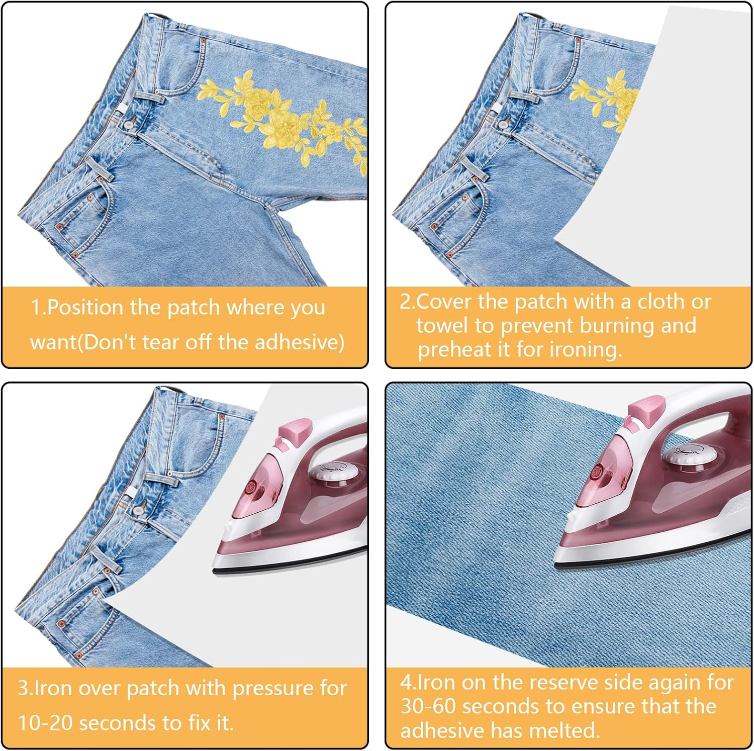 UHOMENY Gold Lace Flower Embroidery Patch, 6 Pieces Blossom Fabric Flower Gold Applique Leaves Vines Iron on Patches Sewing Craft Decoration Lace Appliques for Wedding Prom Dress DIY Clothing Jean image number 4