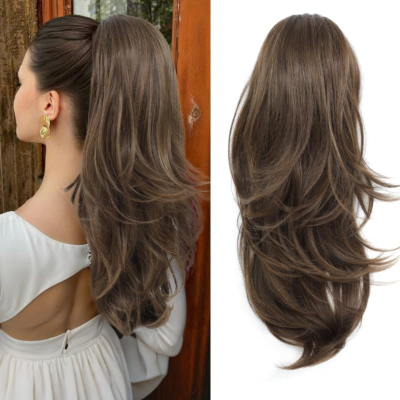 Ponytail Extensions Natural Black Drawstring Ponytails Hair Extensions 20Inch Wavy High Layered Pony Tail Hair Pieces for Women Soft Hair Ponytail Extension