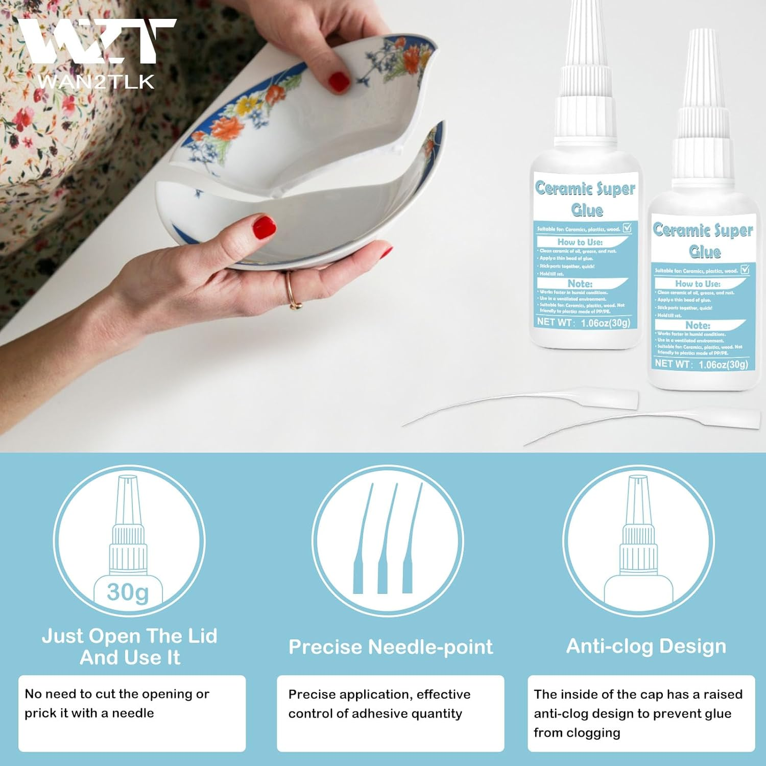 WAN2TLK Ceramic Glue 60G, Waterproof Ceramic Glue Repair for Pottery, Heat-Resistant, Porcelain Glue for Bonding Pottery, Glass, Plastic, Acrylic, Metal, Wood, Rubber - 6 Applicator Nozzles image number 3