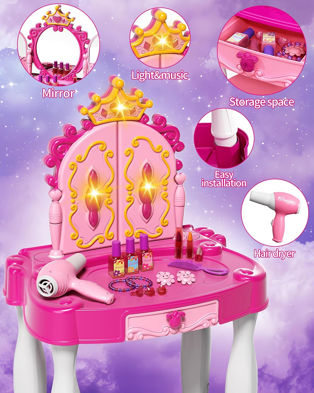 Kids Vanity Makeup Table with Mirror and Chair, Toddler Kids Makeup Vanity Table Set with Lights and Sound of Music, Toddler Vanity Girl Toys Set Includes Blowdryer and Makeup Kit image number 5