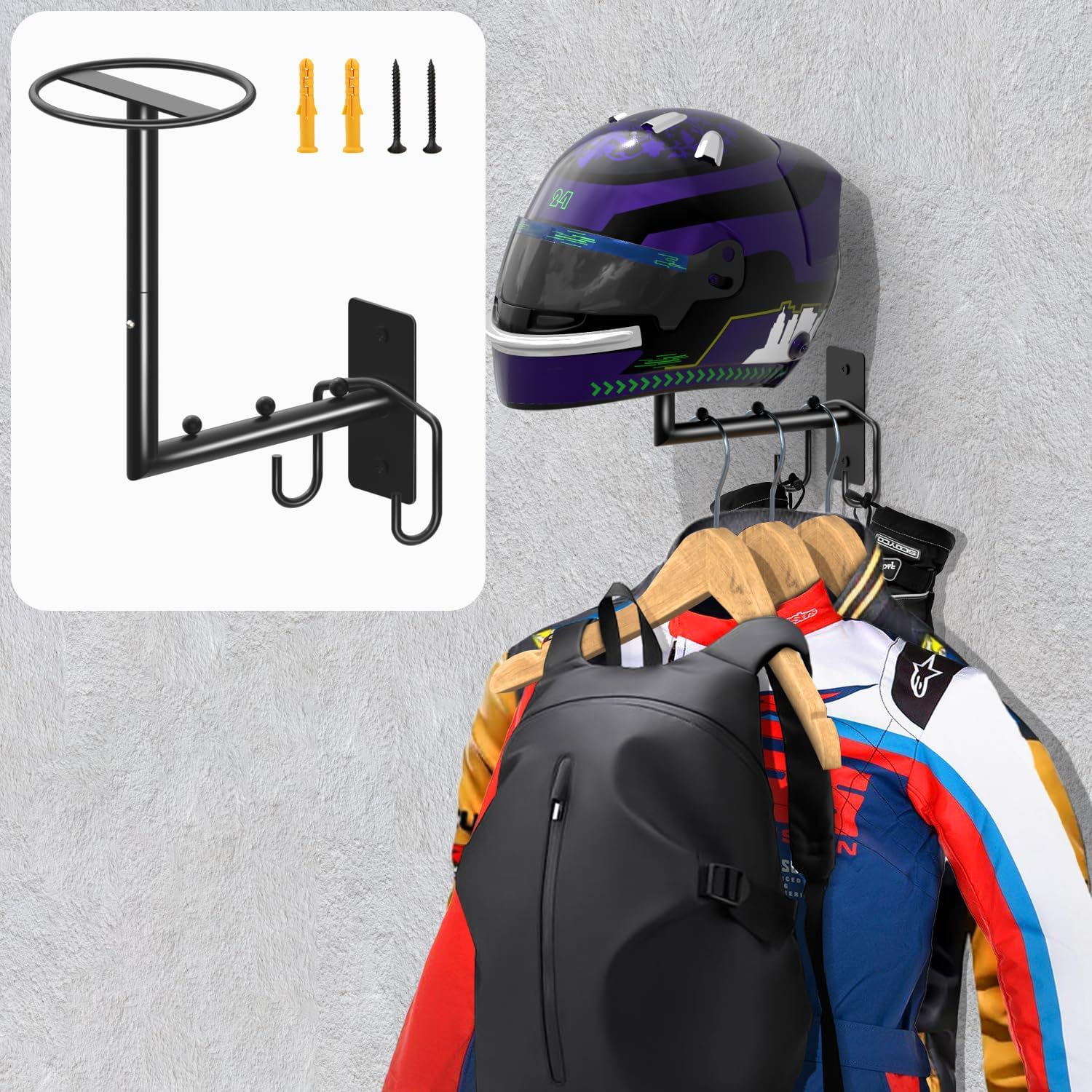 Helmet Holder with Hook, Wall Mount Hanger, Motorcycle Gear Rack, Display Mount for Bike, Hockey, Football Helmets image number 5