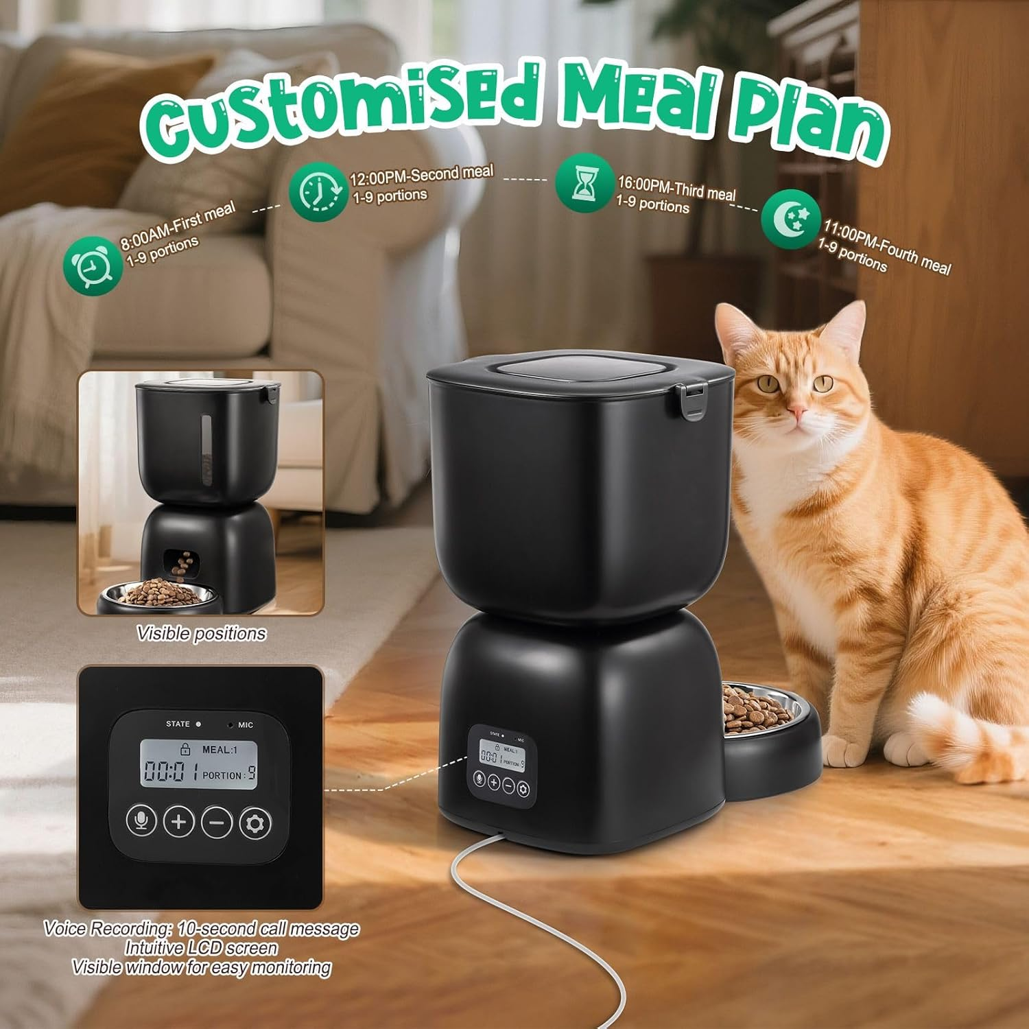 Pet Scene Pet Cat Feeder with 3L Food 2L Water Dispenser Dog Feeding Drinking Fountain Automatic Drinker Waterer Timed 10S Voice Recorder 4 Daily Meals Bowl image number 1