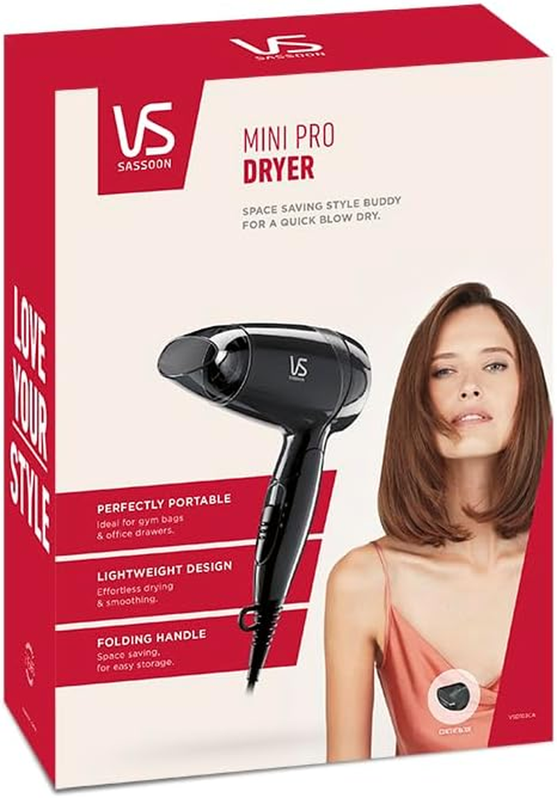 VS Sassoon Mini Pro Dryer, Perfectly Portable, Ideal for Gym Bags & Office Drawers, Lightweight Design for Effortless Drying & Smoothing, with Folding Handle for Space Saving and Easy Storage. image number 4
