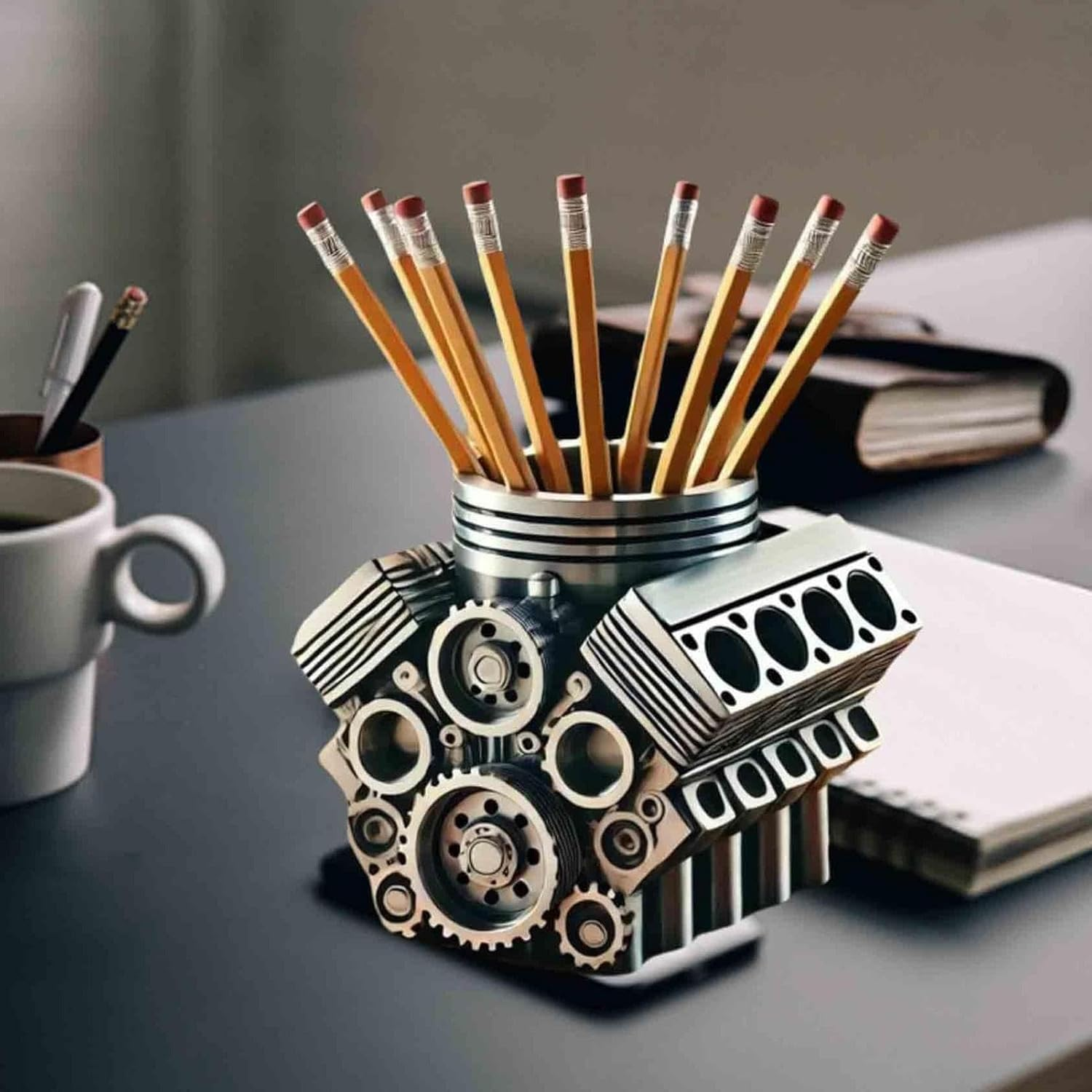 Engine Pencil Holder, Creative Pencil Holder, Stationery Storage, Mechanical Design Organizer, Supplies, Desk Accessory, Home Office Decor, 4.72X4.53X3.94 Inches image number 6