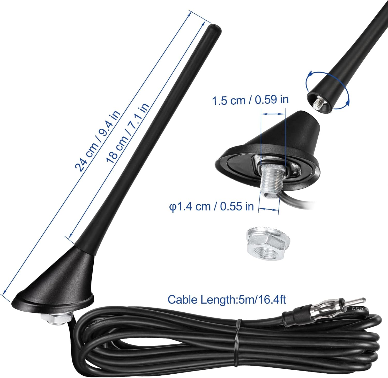 Eightwood Car Stereo AM FM Radio Antenna, Universal Roof Mount Antenna Replacement with Mount Base 16Ft Extension Cable for Vehicle Car Truck Stereo Receiver Head Unit FM HD Radio image number 5