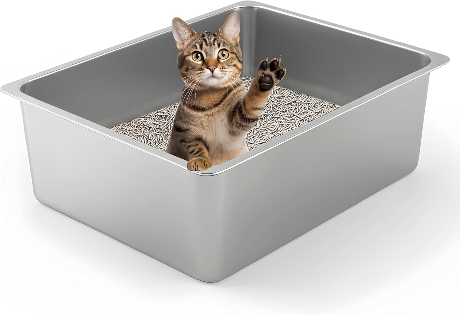 Stainless Steel Cat Litter Box - Shakico Metal High Sided Litter Pan Tray, No Smell, Non Stick, Easy to Clean, Pet Toilet Supplies for Indoor Large and Medium Cats, Puppy, Kitten, Kitty, Rabbit image number 1