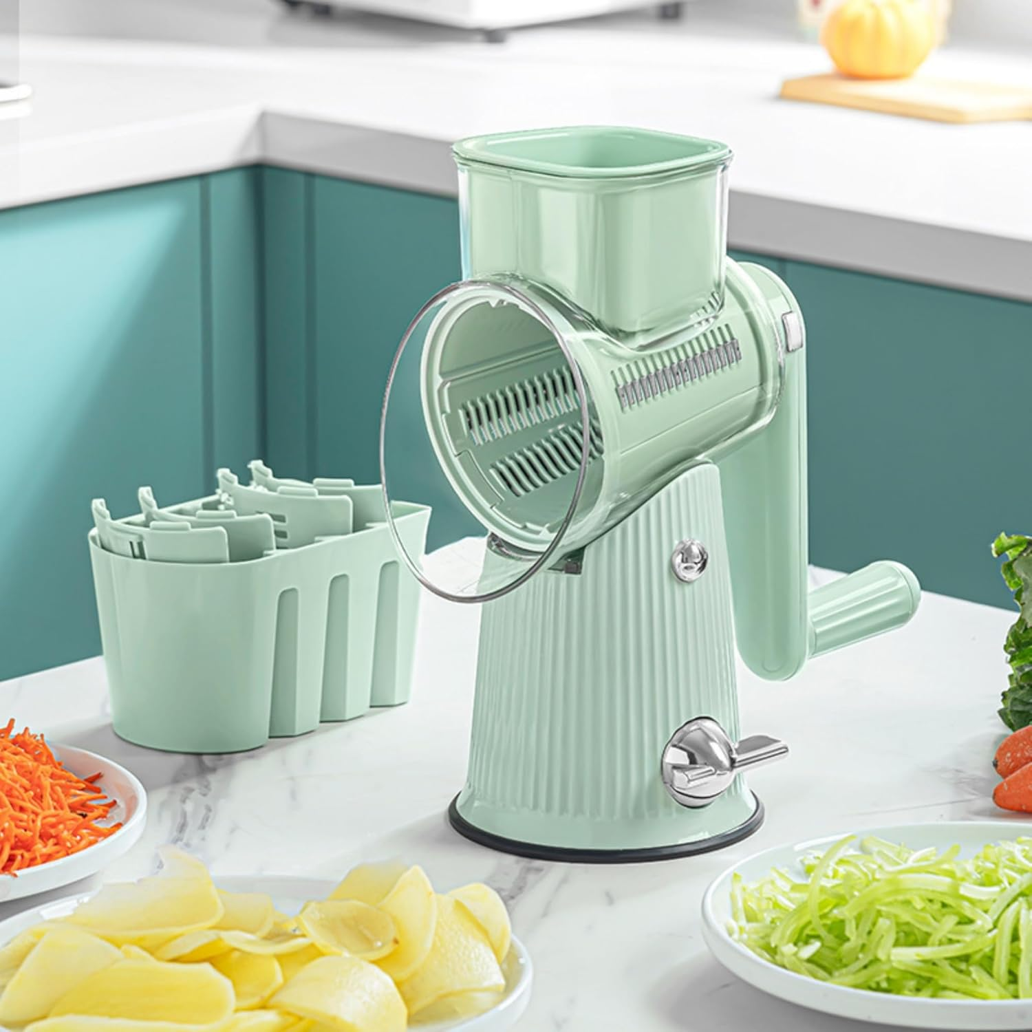 Tasmegol 5 in 1Rrotary Cheese Grater Hand Crank Food Shredder Vegetable Slicer with Handle for Kitchen （Green image number 4