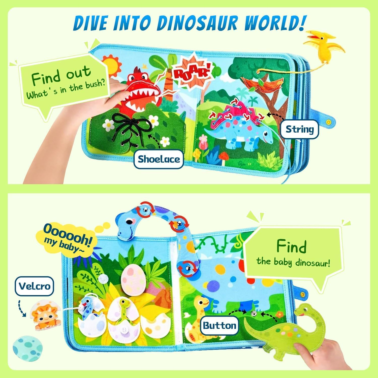 Kukelen Busy Board Quiet Book,Busy Montessori Toys for Toddlers 3-6, Dinosaur Busy Book for Boys, Preschool Learning Toy for Kids