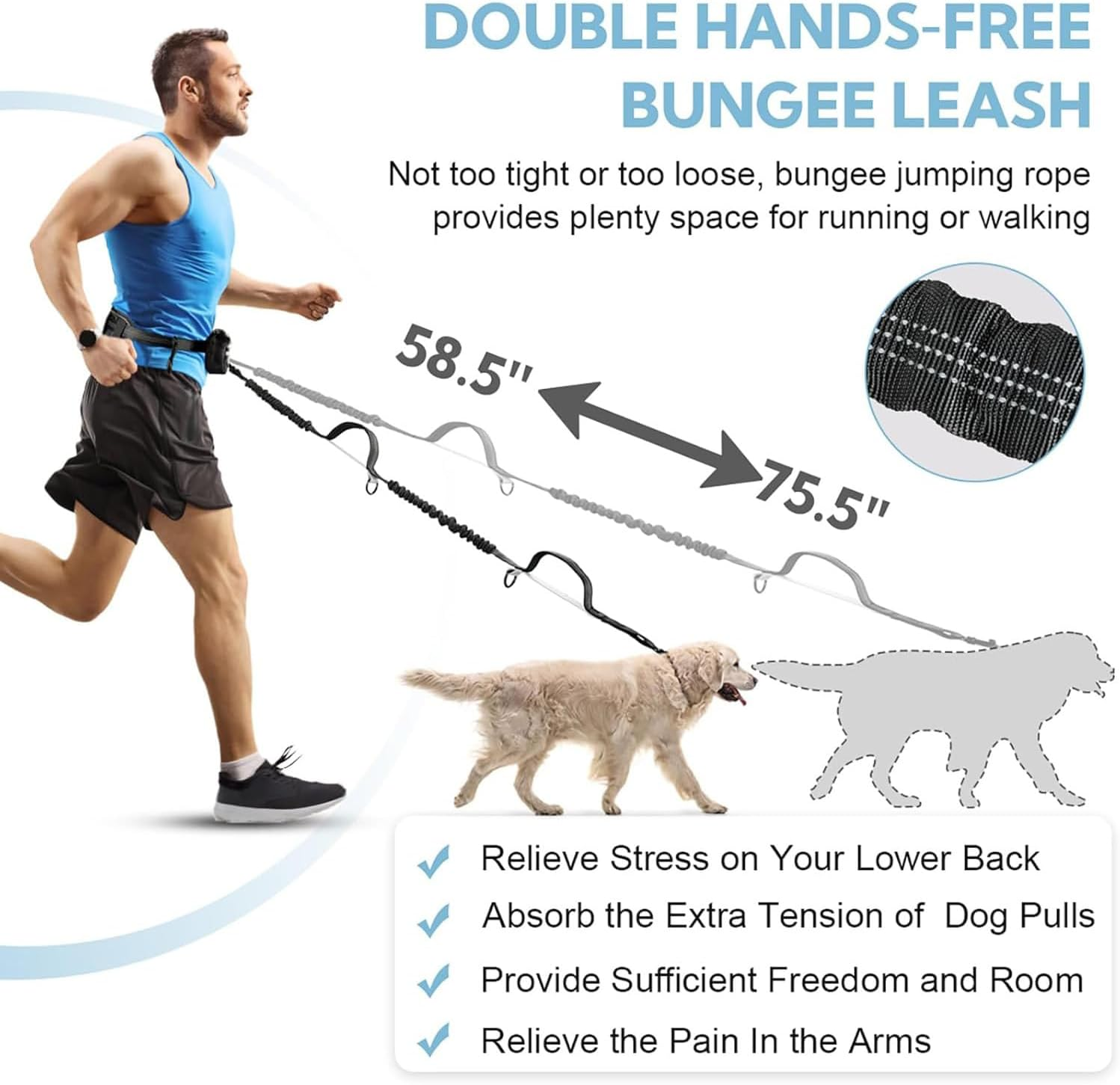 Vsgaalge Hands Free Dog Leash with Pouch, Retractable Bungee Waist Leash with Dual Padded Handles for Medium & Large Dog Training Walking Running Hiking Jogging (Double Leash) image number 5