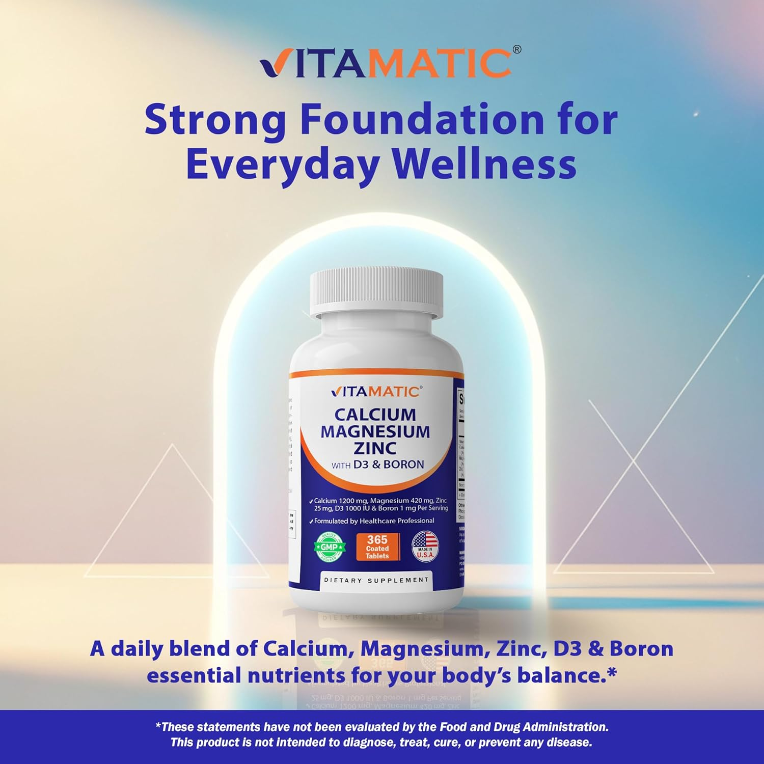 Vitamatic Calcium Magnesium Zinc D3 Boron | 365 Coated Tablets Supplement | Calcium 1200 Mg, Magnesium 420Mg, Zinc 25Mg, Vitamin D3 1000 IU, Boron 1 Mg | Non-Gmo | Gluten Free | Made in USA image number 2