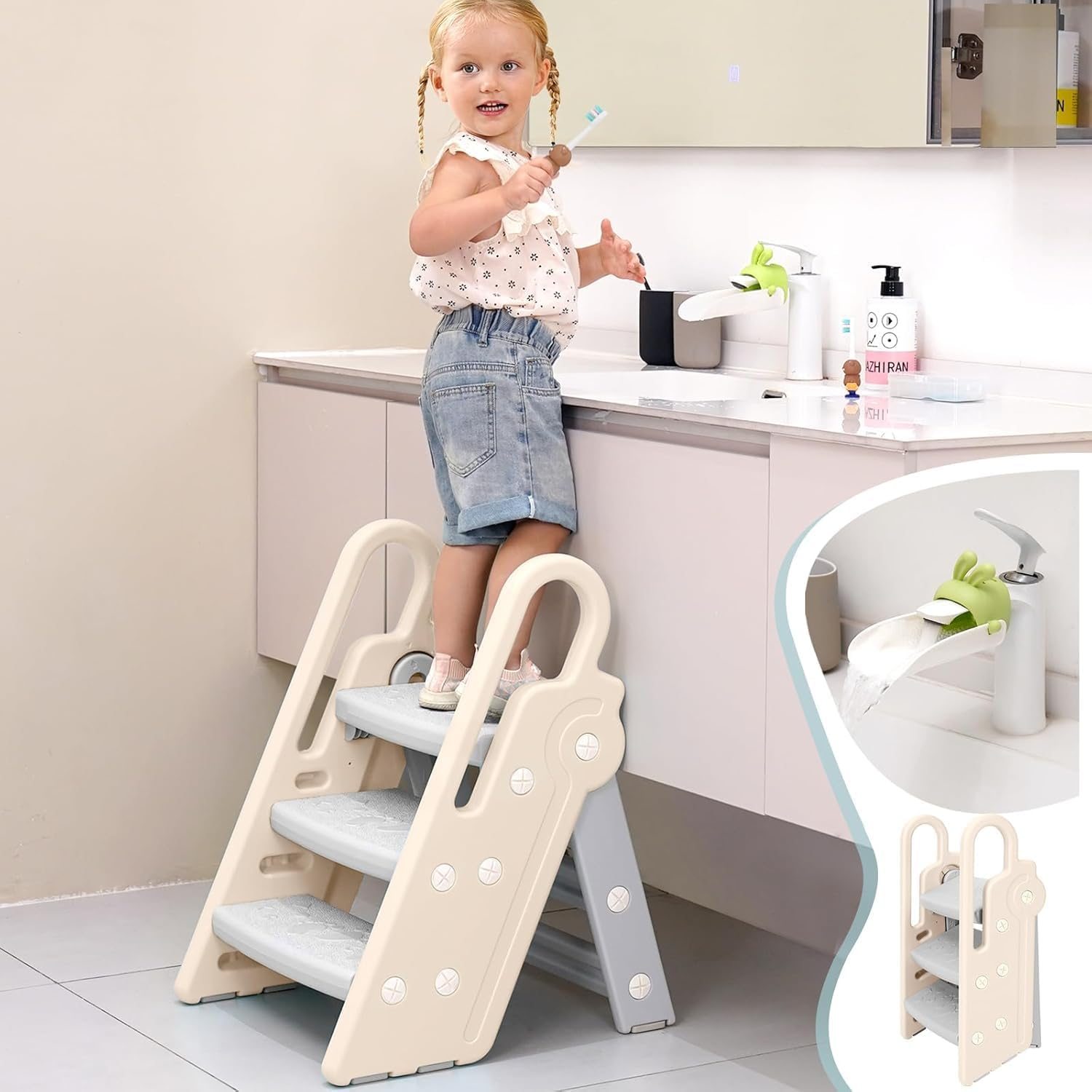 Foldable Step Stool for Bathroom Sink, Adjustable Kids 3 Step Stool for Toilet Potty Training Toddler Tower with Handles, Baby Child Kitchen Counter Stool Helper