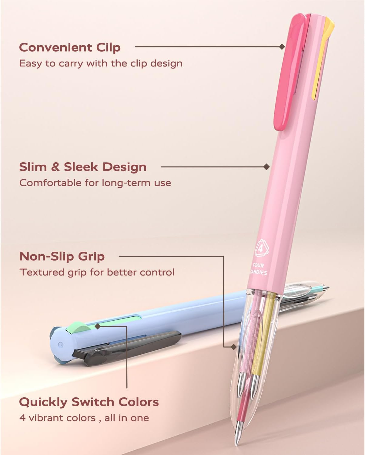 Four Candies 6 PCS Multicolor Pen, 0.5Mm Colored Pens, 4-In-1 Multicolor Ink Pens, 18 Colors Retractable Ink Pens for Office, School Supplies