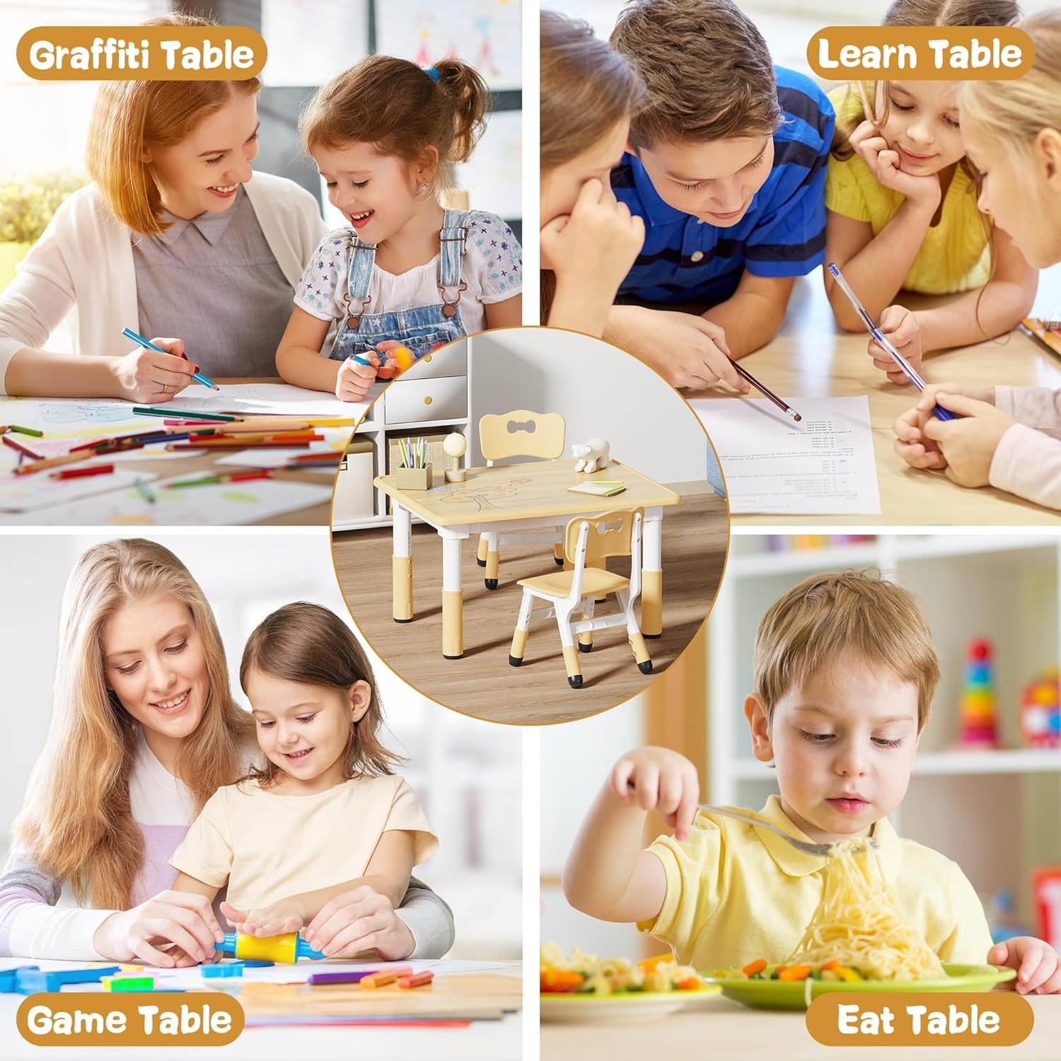 Omebel Kids Table and 2 Chairs Set, Height Adjustable Toddler Table and Chair Set, Graffiti Desktop, Classroom/Daycare/Home, Children Multi-Activity Toddler Table Kids Table for Ages 2-8 image number 5