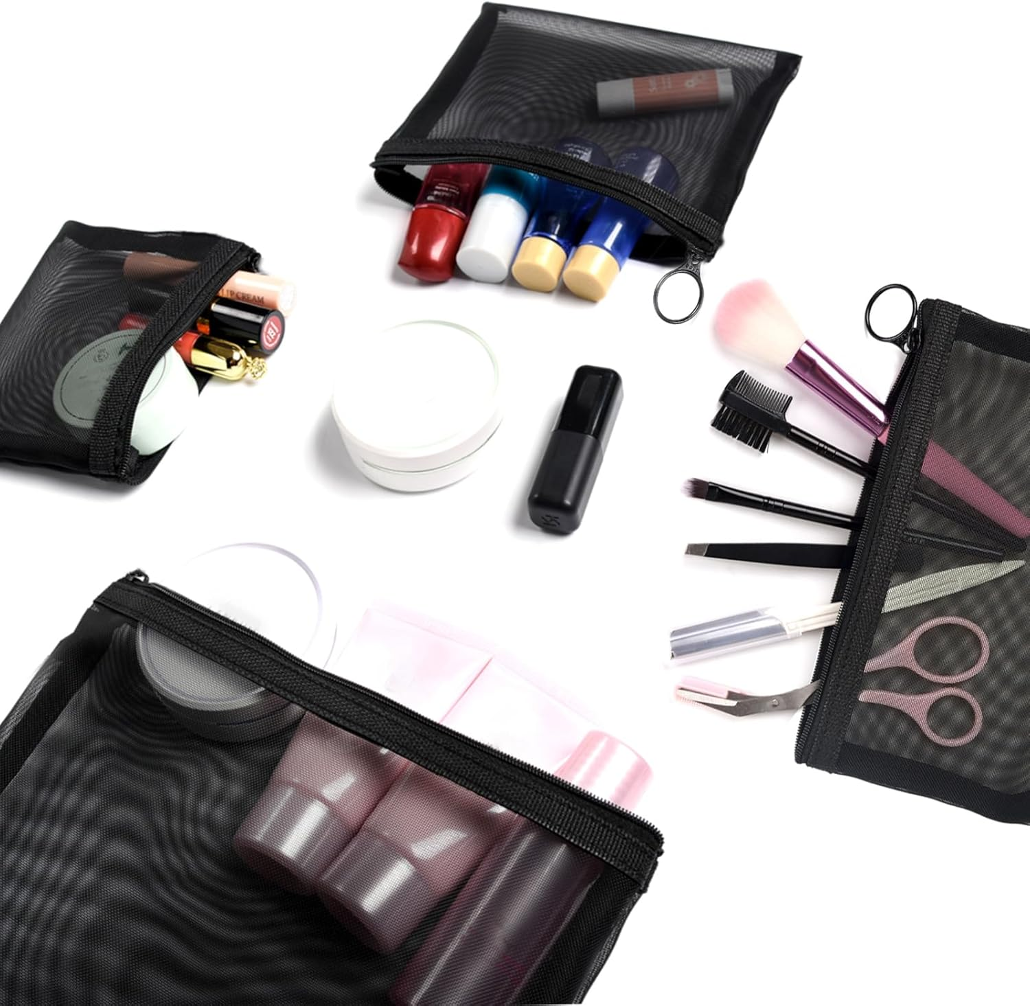 Patu Zipper Mesh Bags, Pack of 4 (S/M/L & Pencil Pouch), Beauty Makeup Cosmetic Accessories Organizer, Travel Toiletry Kit Set Storage Case, Black image number 3