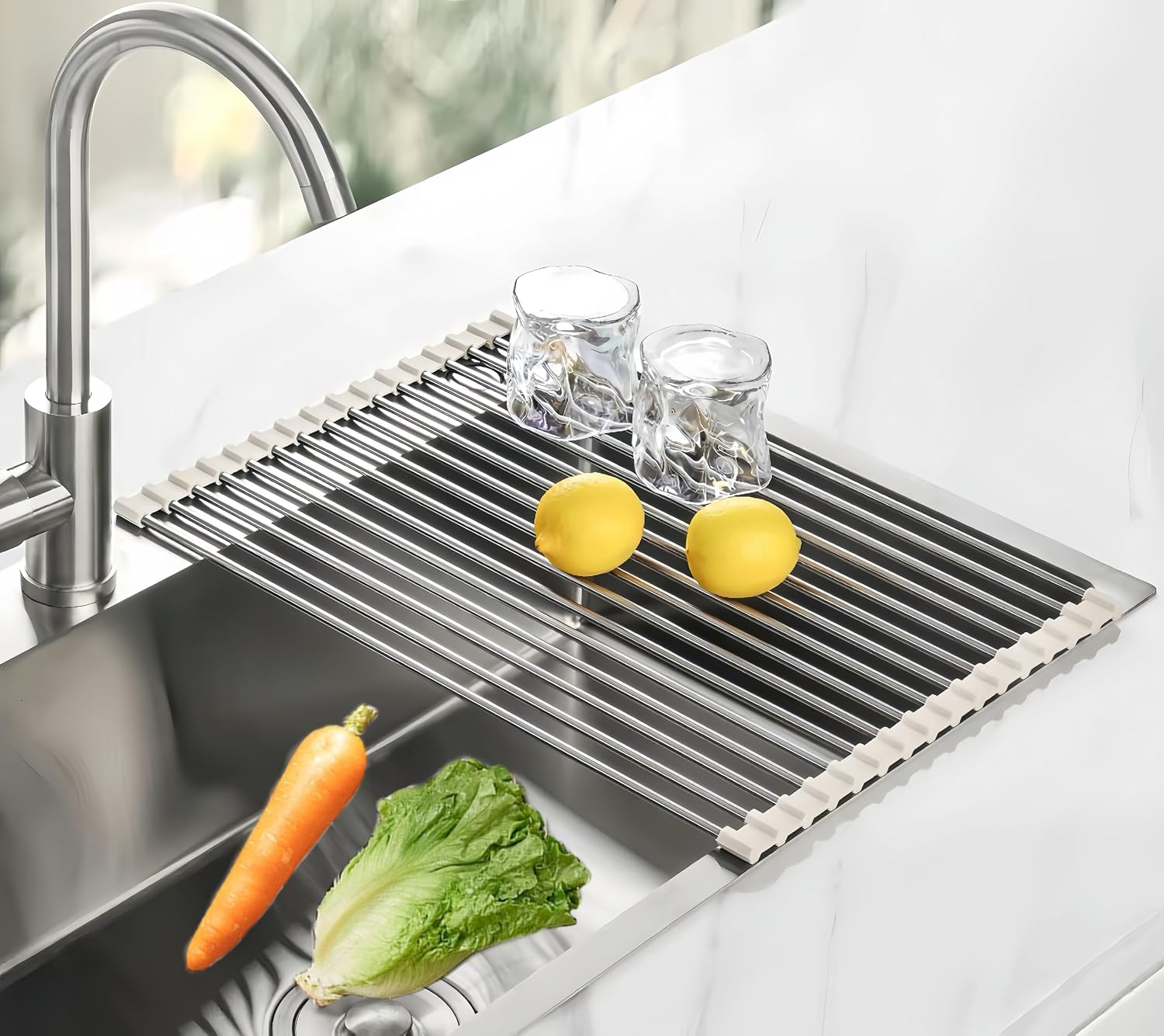 Extra Large Expandable Roll up Dish Drying Rack, Drying Rack Kitchen, over the Sink Dish Drainer Drying Rack, Kitchen Sink Accessories Stainless Steel, Grey (17.7 * 11.8") image number 4