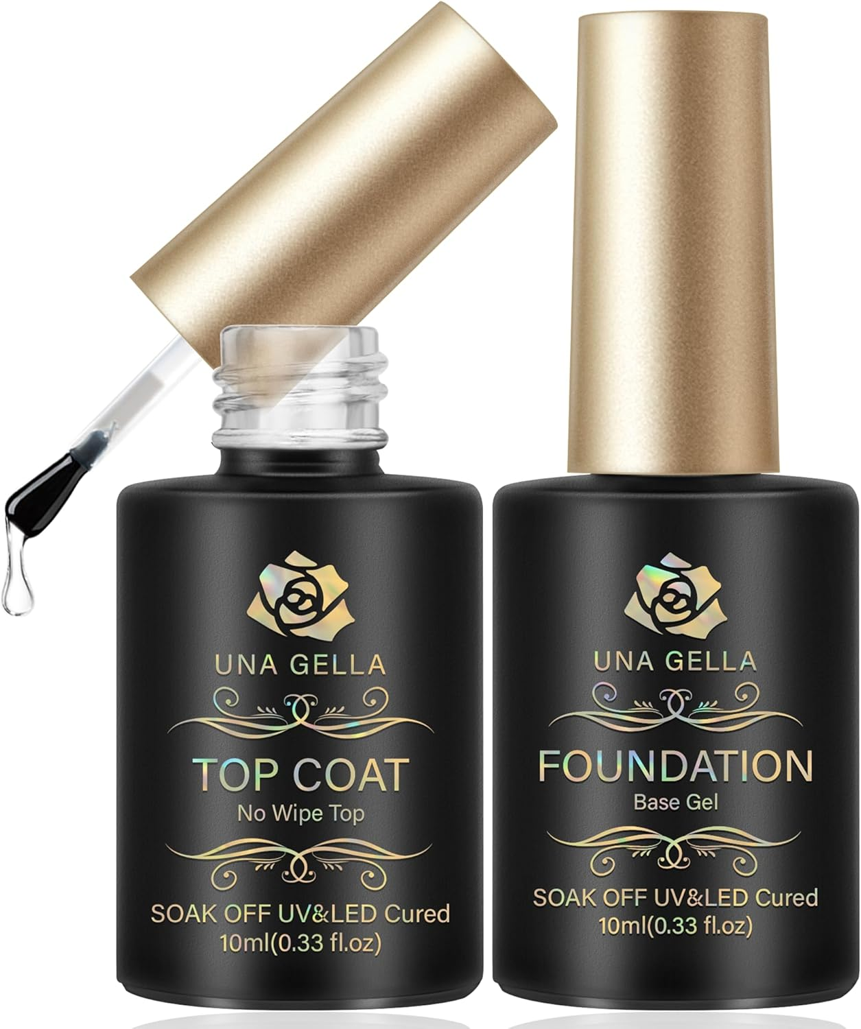 UNA GELLA Base Top Coat Set, 2PCS Gels Top Base Coat Gel Polish U V for Gel Nail Polish, Diamond Shiny, Protects Nails Healthy, Clear Base Coat & No Wipe Top Coat for DIY Nail Art Home