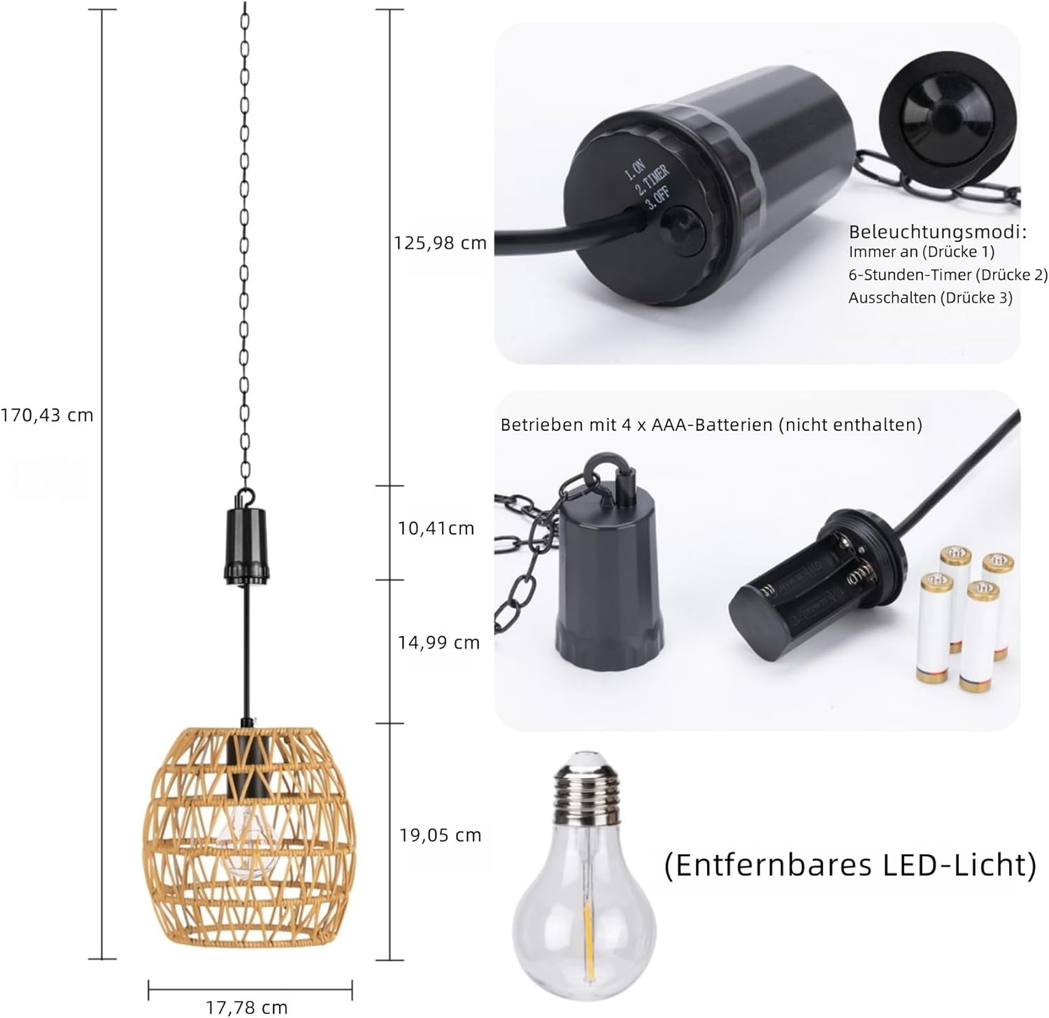 Outdoor Hanging Lamp with Battery, IP44 Waterproof Battery Pendant Light, 6 Hour Timer, Hanging Light Battery for Patio, Bar, Garden, Patio, Living Room, Bedroom, Boho Decoration image number 2