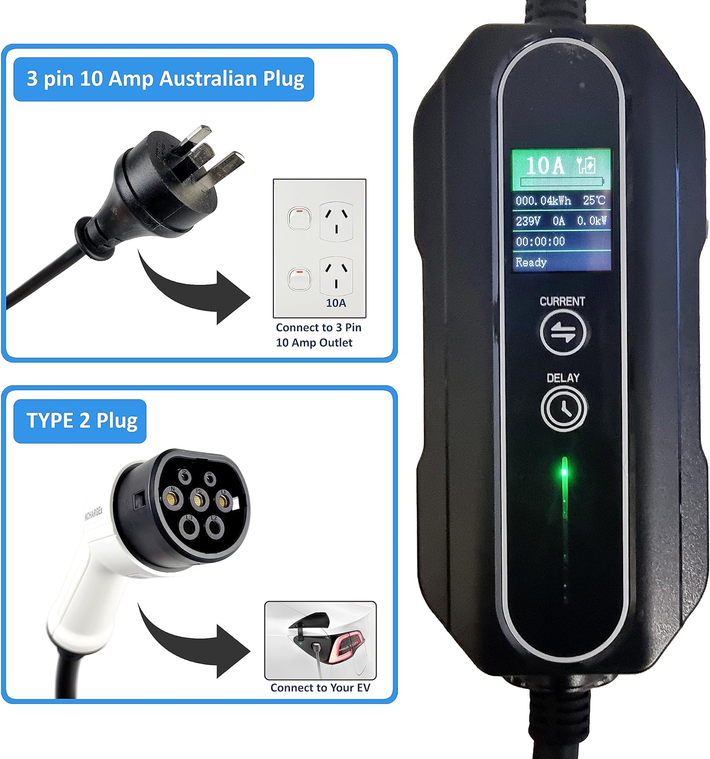 Portable EV Charger Type 2 10A Adjustable 2Kw Max Power Fit Tesla BYD MG EV 3 Pin Australia Plug to Type2 5 Metres UMC Replacement