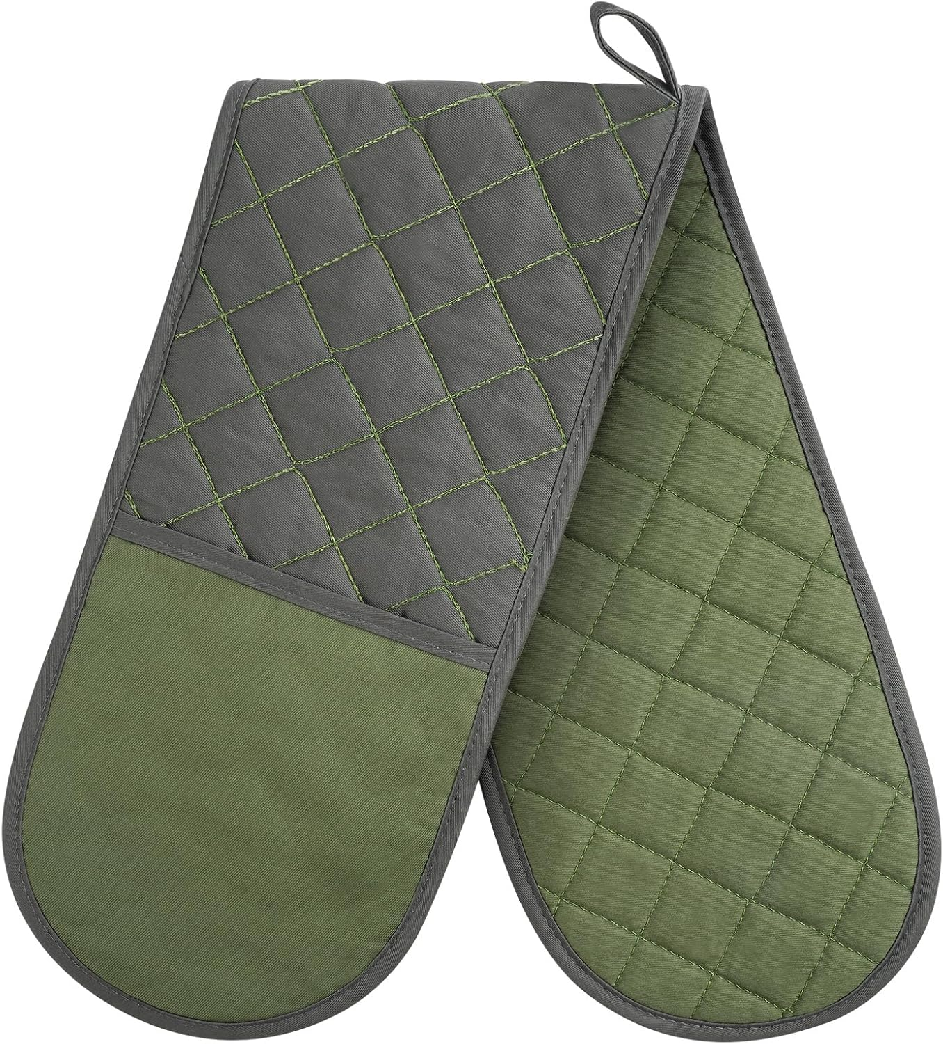 AUAUY 1 PC Double Oven Gloves, 250&deg;C/482&deg;F Heat Resistant BBQ Oven Mittens with Ropes, Exquisite Stitching Design Gloves Oven Mitts, Thick Cotton Oven Glove Mitts for Cooking Baking Grilling, Green image number 2