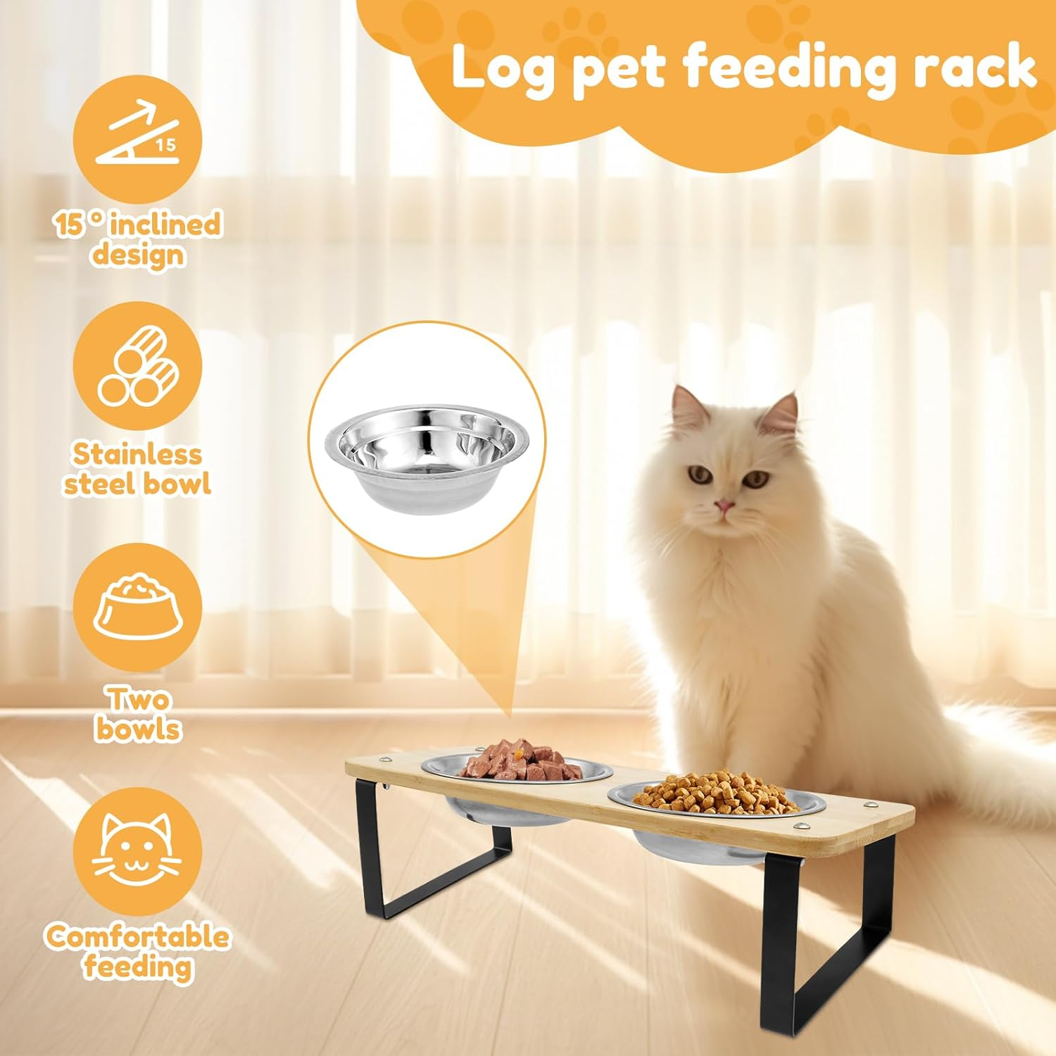 UKQRRTC Cat Food Bowls with Iron Wood Stand, Detachable 15 Degree Tilted Elevated Cat Bowls, Smooth Edge Raised Cat Bowls for Food and Water image number 3