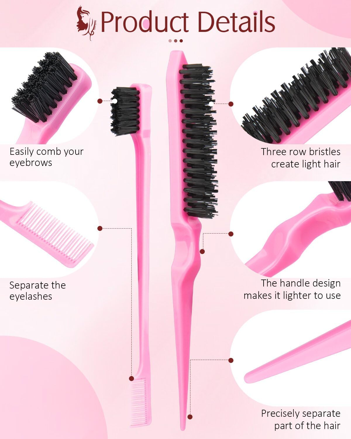Aigee 8Pcs Hair Styling Combs Set Include 4Pcs Topsy Hair Tail Tools 2 Styles of Rat Tail Comb,1Pcs Bristle Teasing Slick Back Hair Brush,1Pcs Edge Control Brush,Eyebrow Brush for Woman Girl Pink image number 5
