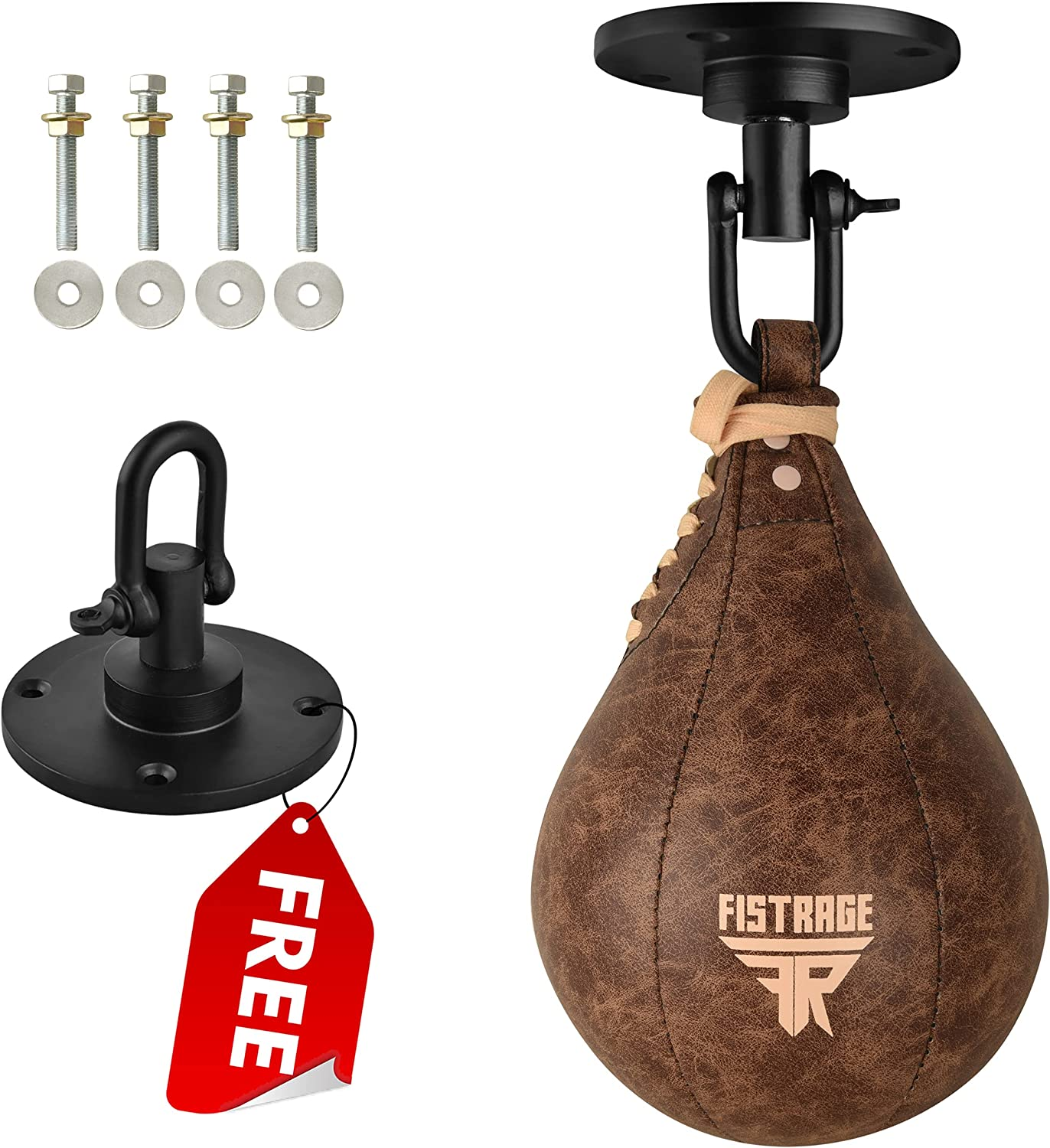 FISTRAGE Speed Bag Boxing Ball Leather MMA Muay Thai Training Punching Dodge Striking Kit with Free Hanging Swivel Workout Speedball Kicking Platform Equipment