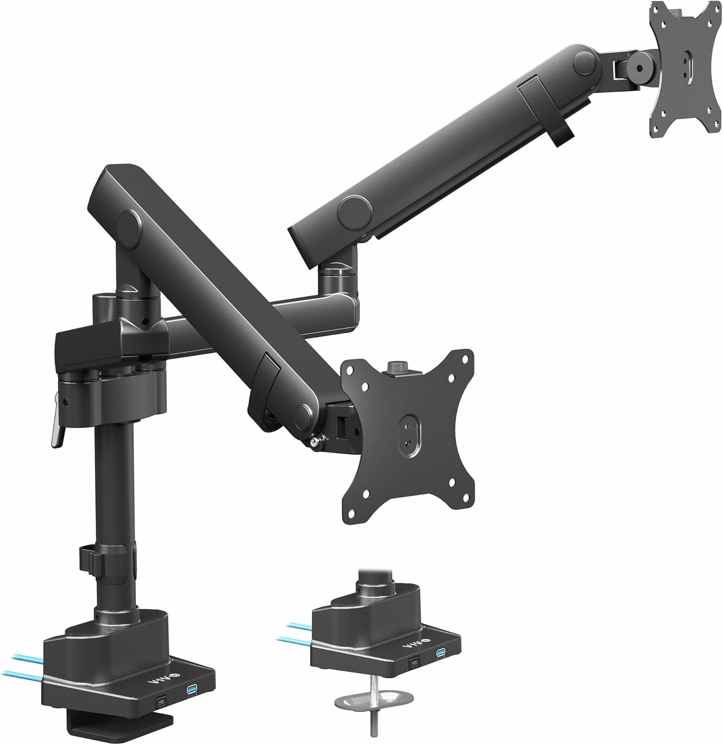 VIVO Premium Aluminum Full Motion Dual Monitor Desk Mount Stand with Lift Engine Arm, Pole Extension, and USB Ports, Fits Ultrawide Screens up to 35 Inches, STAND-V102BDU image number 1