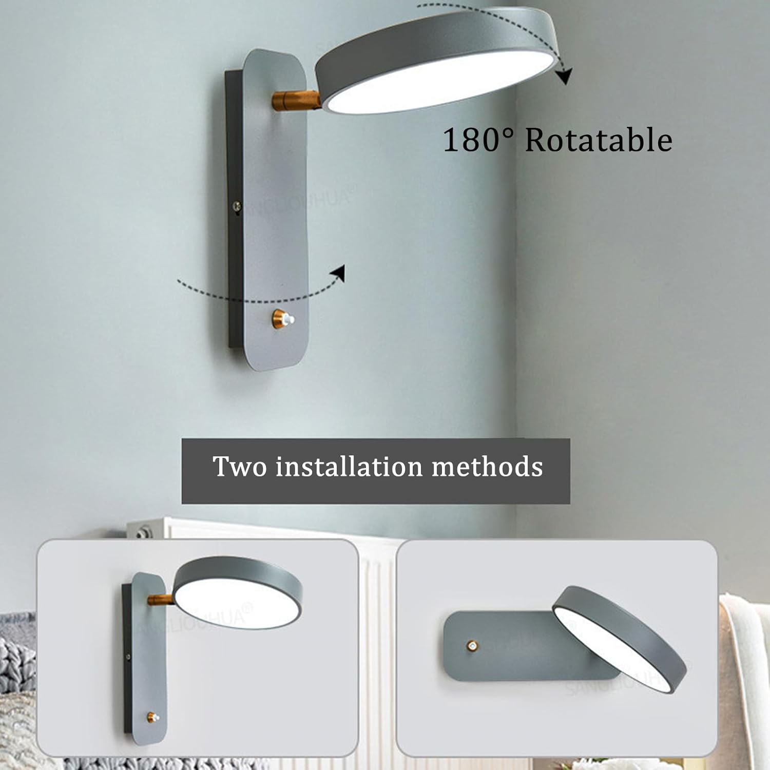 LED Indoor Wall Sconces with Switch Tri-Color Dimmable Wall Lamp 180&deg; Rotatable Wall Light Modern Metal Wood Reading Lighting for Bedroom Bedside Living Room 3000K/4000K/6500K (White) XXZ image number 5