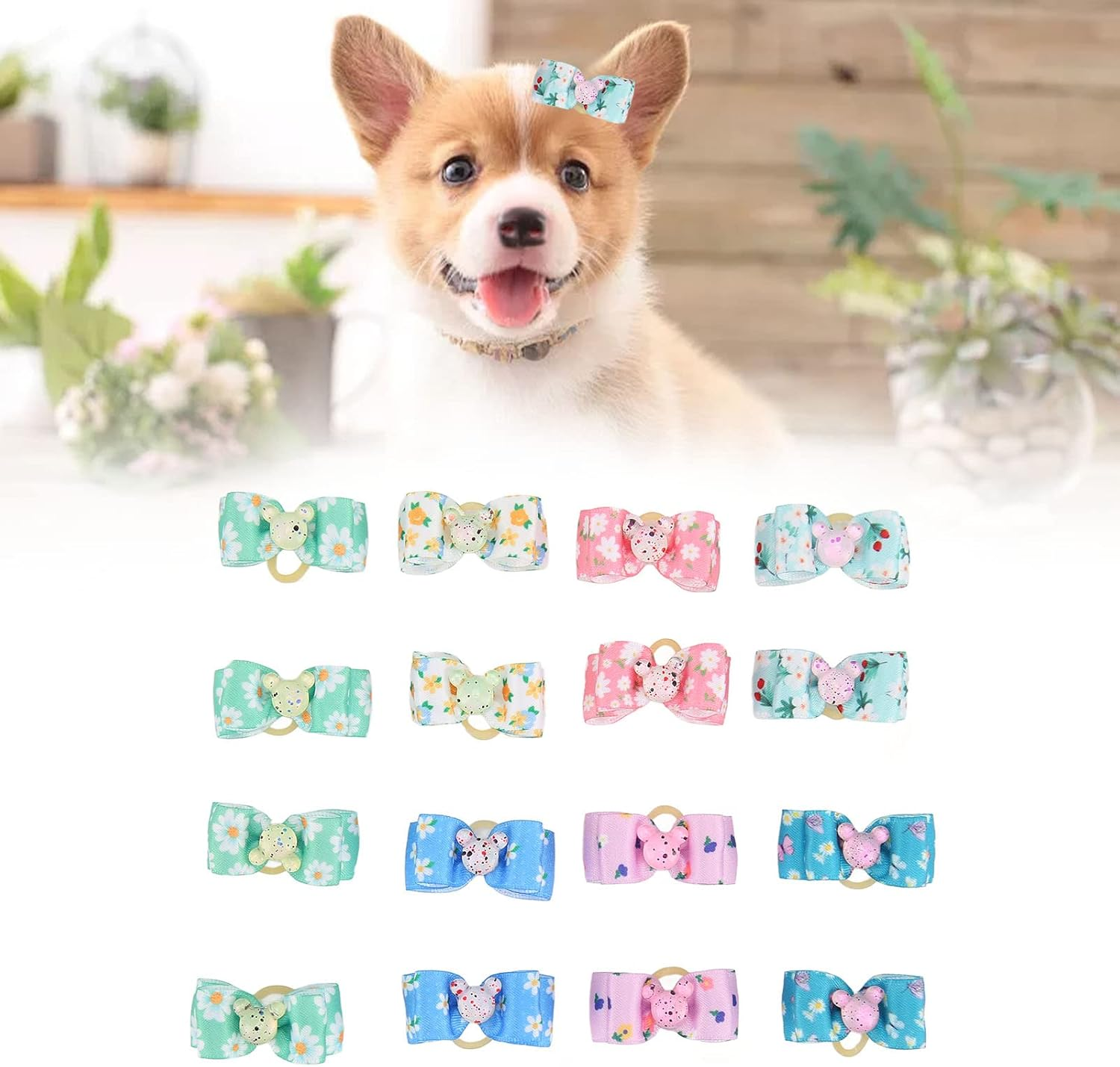 JOROBURO 16 Pcs Dog Hair Bows, Floral Pattern Multicolor 2 Layer Butterfly Bow, Pet Hair Bowknot Pet Grooming Hair Accessories with Rubber Bands for Dog Puppy Cat image number 4