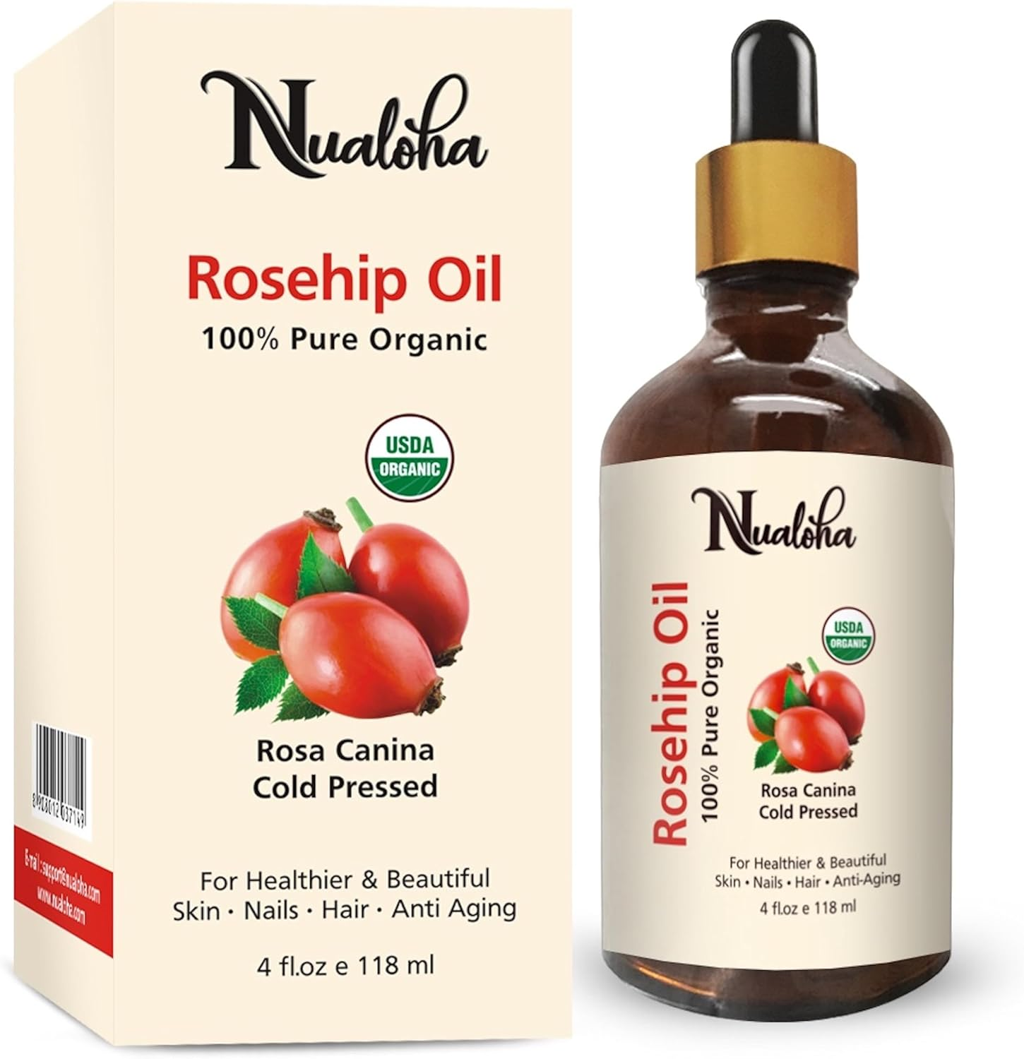 Nualoha Organic Rosehip Seed Oil, 118 ML, USDA 100% Pure Cold Pressed Natural Moisturizer Oil for Face Nails Hair Skin Women and Men image number 4