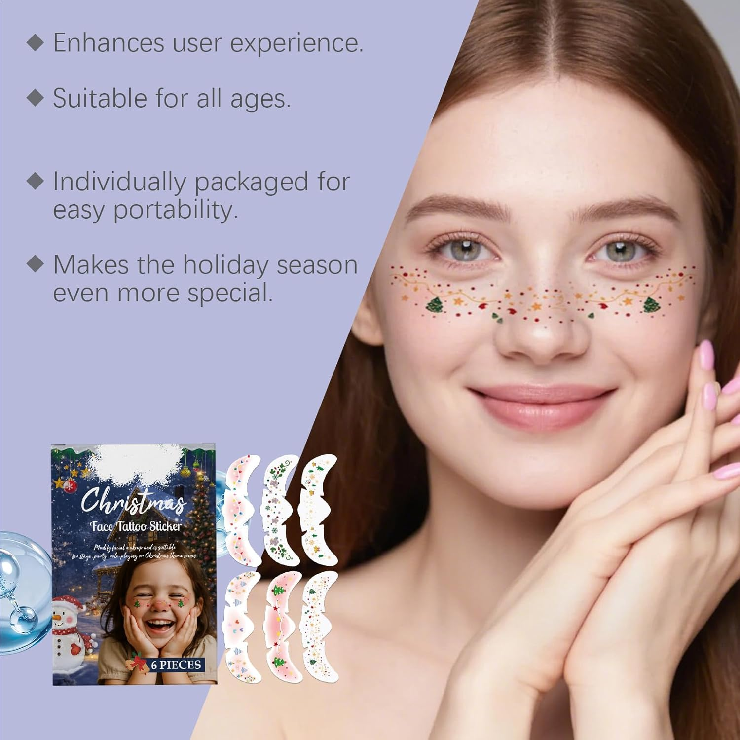 KOAHDE Christmas Tattoos Face Stickers, Pack of 6, Christmas Temporary Tattoos Children, Realistic Face Tattoos, Children, Girls, image number 1