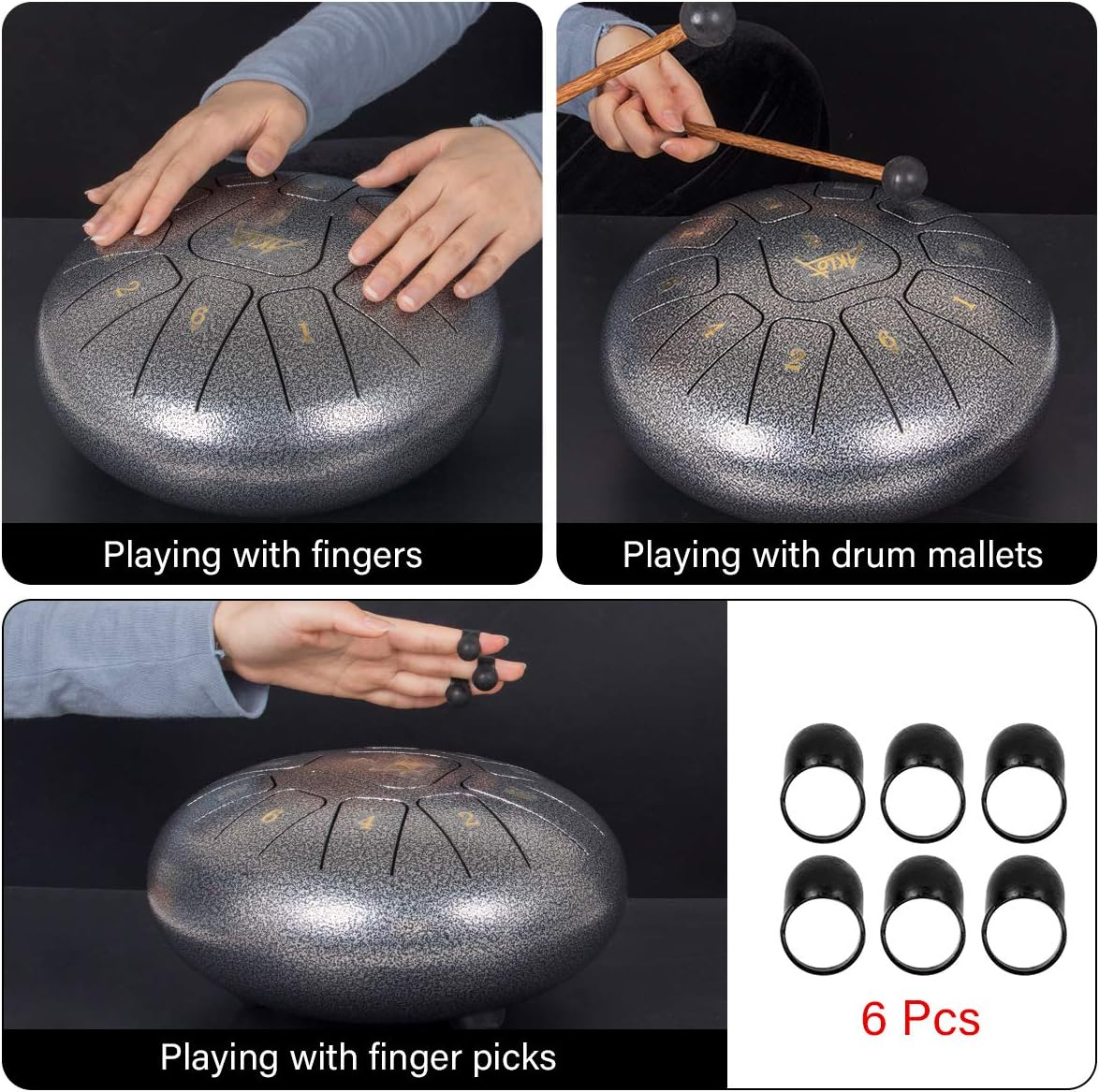 Steel Tongue Drum, AKLOT 10 Inch 11 Notes Tank Drum C Key Percussion Steel Drum Kit W/Drum Mallets Note Stickers Finger Picks Mallet Bracket and Gig Bag image number 3