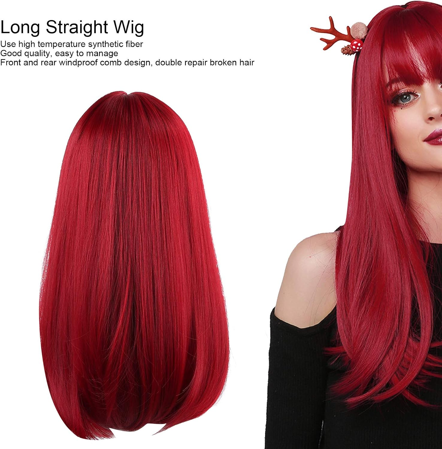 Red Long Straight Wig, 47Cm Wigs Red Wigs with Bangs Burgundy Red Synthetic Long Straight Wig for Women Party and Cosplay Bright Red Wig Coloful, High Temperature Fiber Fake Hair image number 6