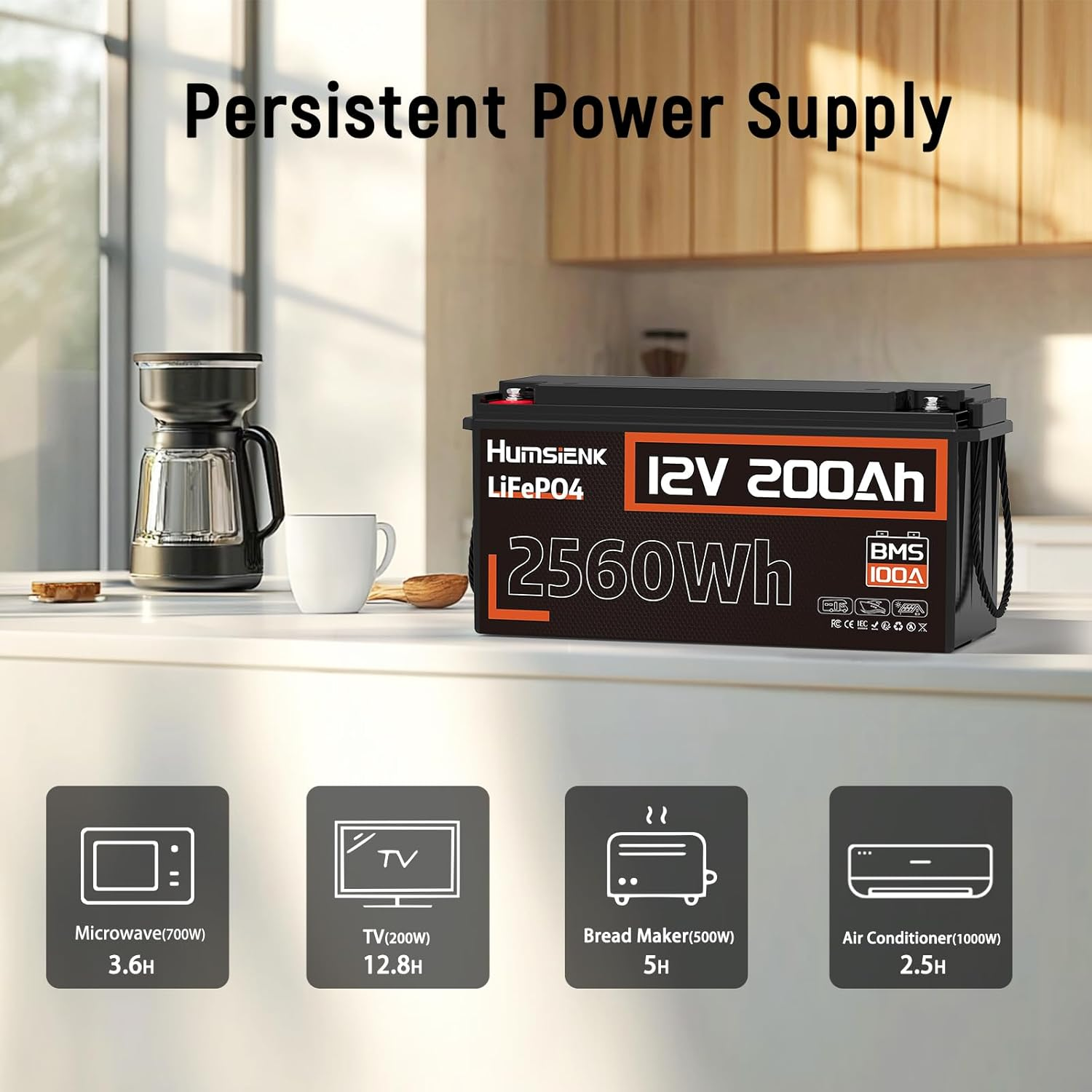 12V 200Ah Lifepo4 Battery, 2560Wh Lithium Battery, 15000 Cycles, 100A BMS, RV Marine Off-Grid