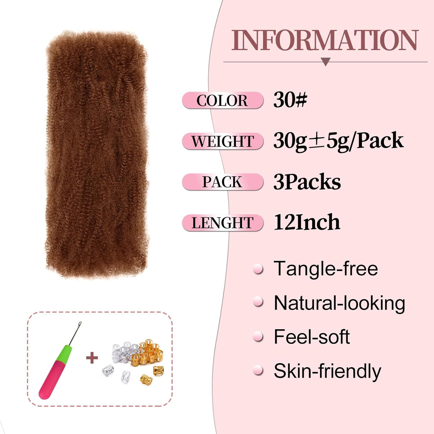 SHIHERESH 12 Inch Afro Kinky Curly Braiding Hair Bulk for Dreadlock Extensions 3 Bundles Marley Twist Hair Bulk for Micro Locs Spring Afro Twist Braids and Repair Locs (30#, 30G / Pack) image number 3