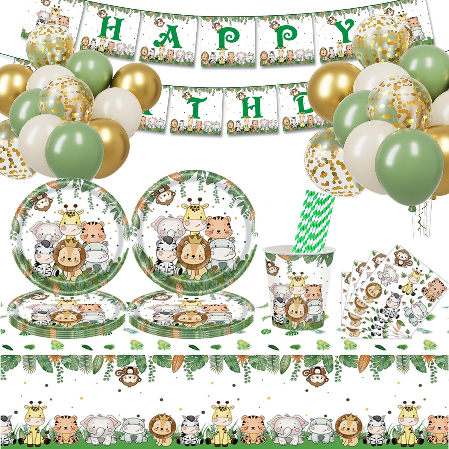 Safari Baby Shower Decorations, Jungle Animal Party Supplies Serves 20, Green Animals Tablecloth, Happy Birthday Banner, Balloons, Plates, Napkins, Cups for Baby Shower Safari Birthday Party Supplies image number 4