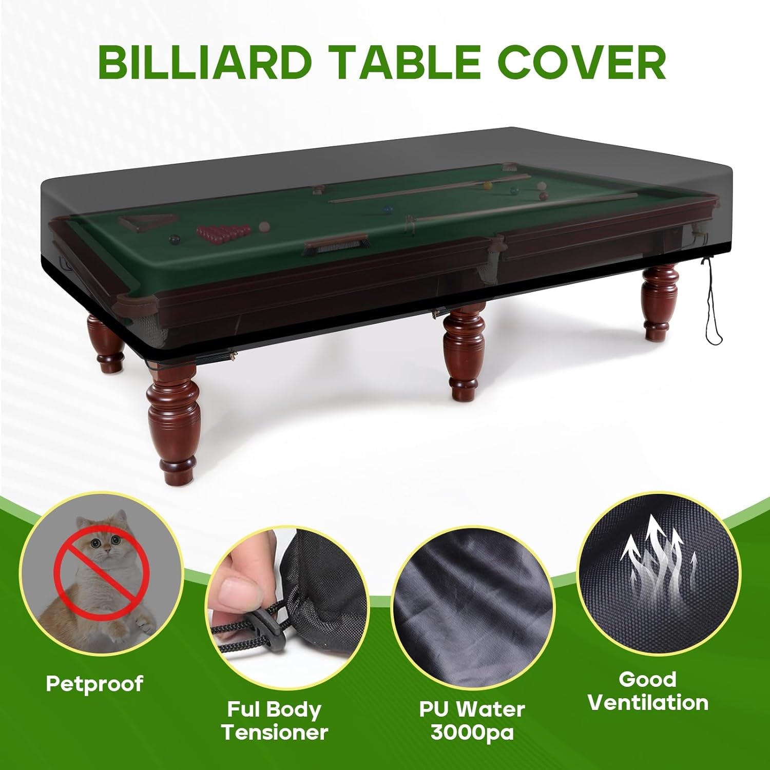 K-Musculo Pool Table Cover, 420D Billiard Table Cover, Waterproof and Tearproof, 9 Foot Fitted(Black 9Ft-285X157X20.3 Cm) image number 1