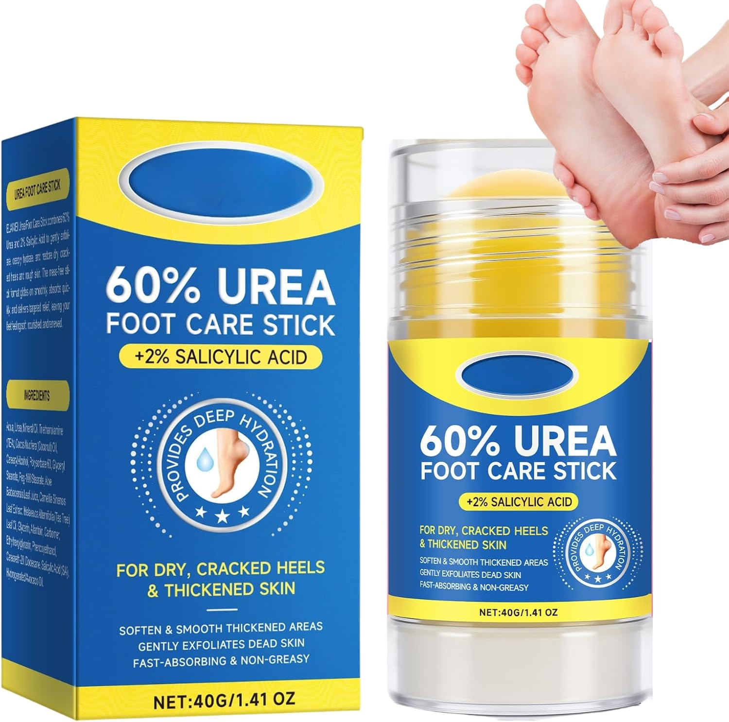 Urea Cream Stick 60% + 2% Salicylic Acid, Exfoliating & Moisturizing Foot Care Stick for Dry Cracked Feet, Hands, Knees & Elbows, Callus Remover & Skin Softener, Fast Absorbing Hydrating Balm (4Pcs)