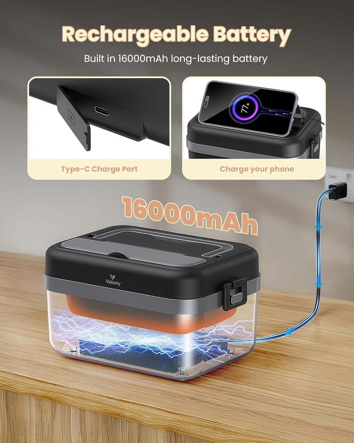 Velony Cordless Electric Lunch Box 16000Mah, Rechargeable Portable Food Warmer with Timer, 1L Stainless Steel Container & Insulated Bag - Perfect for Work, Tradies, Car, and Outdoor image number 5