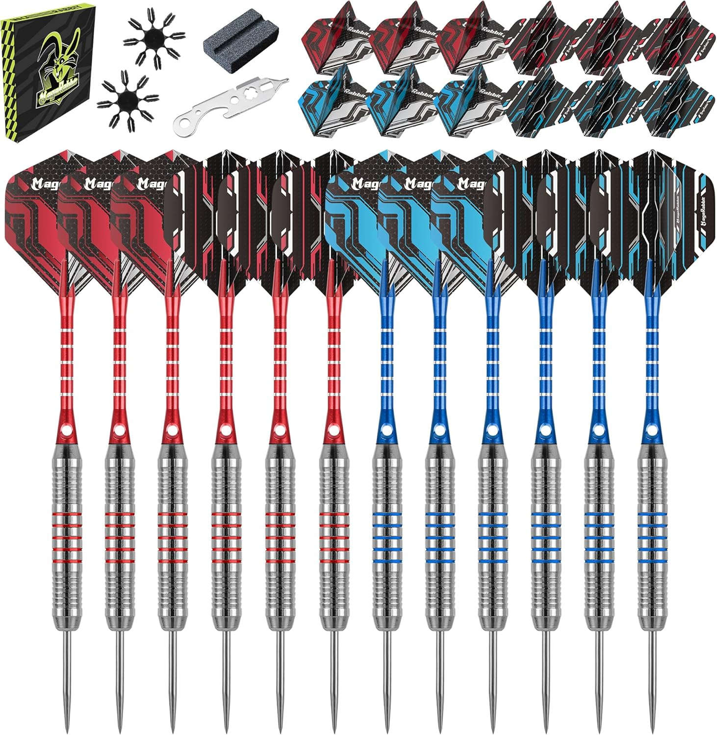 Magerabbit Steel Tip Darts 12Pcs, Metal Darts with 24 Flights+12 Shafts+Dart Tools,Steel Dart for Dartboard