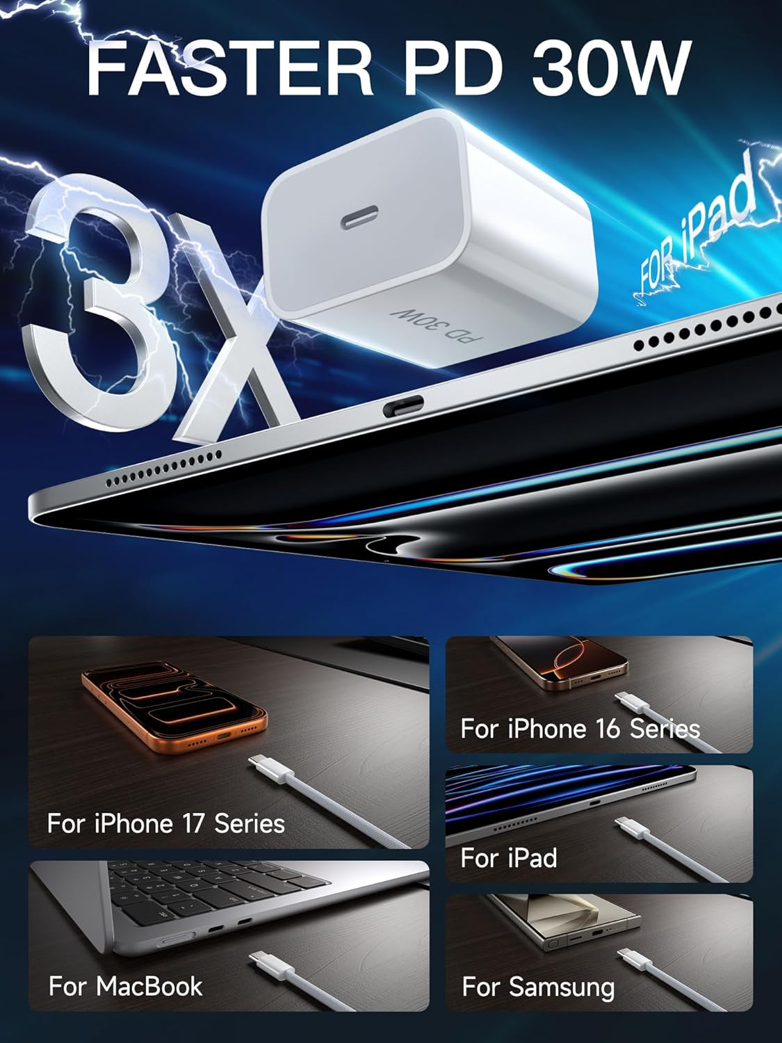 30W Iphone 16 Charger USB C Fast Charger, Type C Wall Charger Block with 2M USB C Cable Braided for Iphone 16/15 Pro Max/Ipad Pro/For Samsung S25/24 Ultra